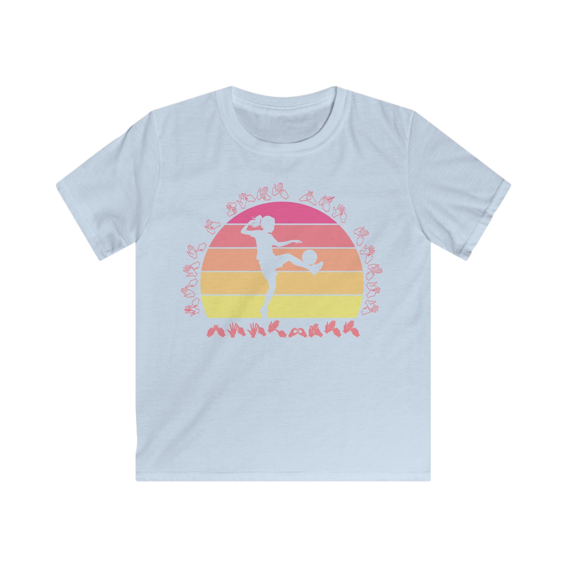 Light blue t-shirt with the phrase "Just a Girl Who Loves Football" in BSL Fingerspelling featuring a colourful retro sunset and a silhouette of a boy kicking a football.