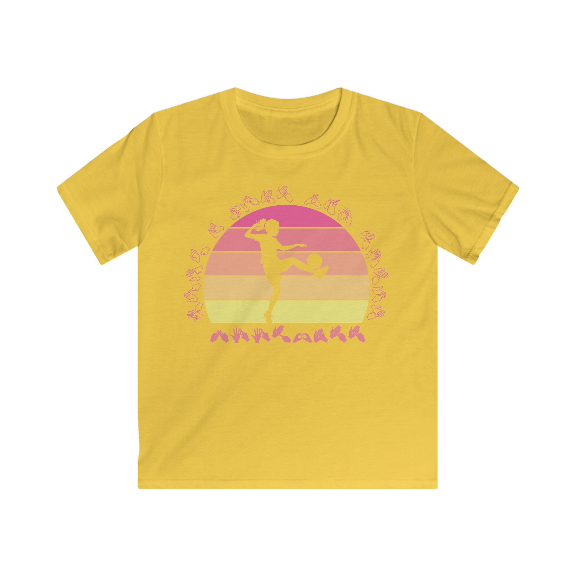 Daisy t-shirt with the phrase "Just a Girl Who Loves Football" in BSL Fingerspelling featuring a colourful retro sunset and a silhouette of a boy kicking a football.