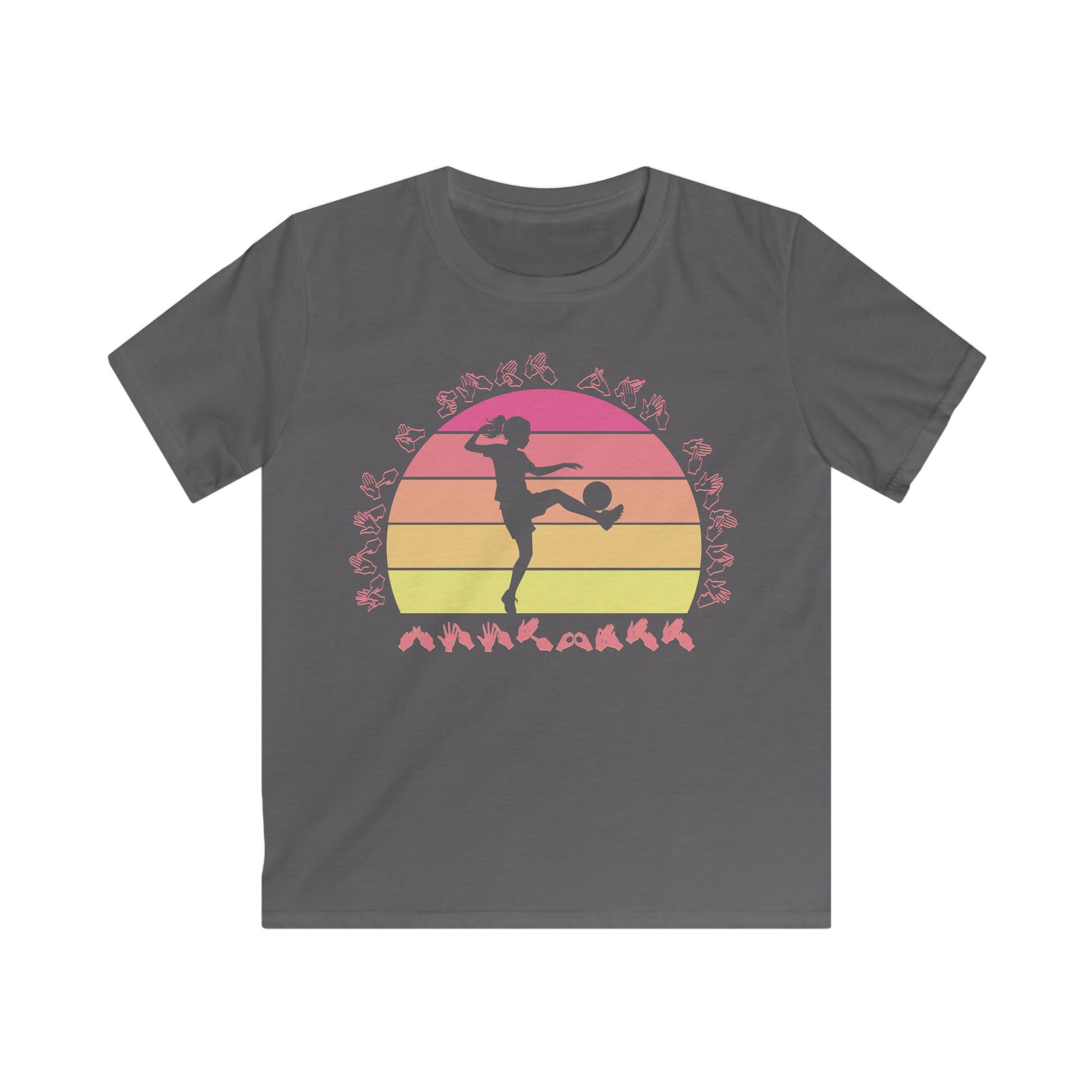 Charcoal t-shirt with the phrase "Just a Girl Who Loves Football" in BSL Fingerspelling featuring a colourful retro sunset and a silhouette of a boy kicking a football.