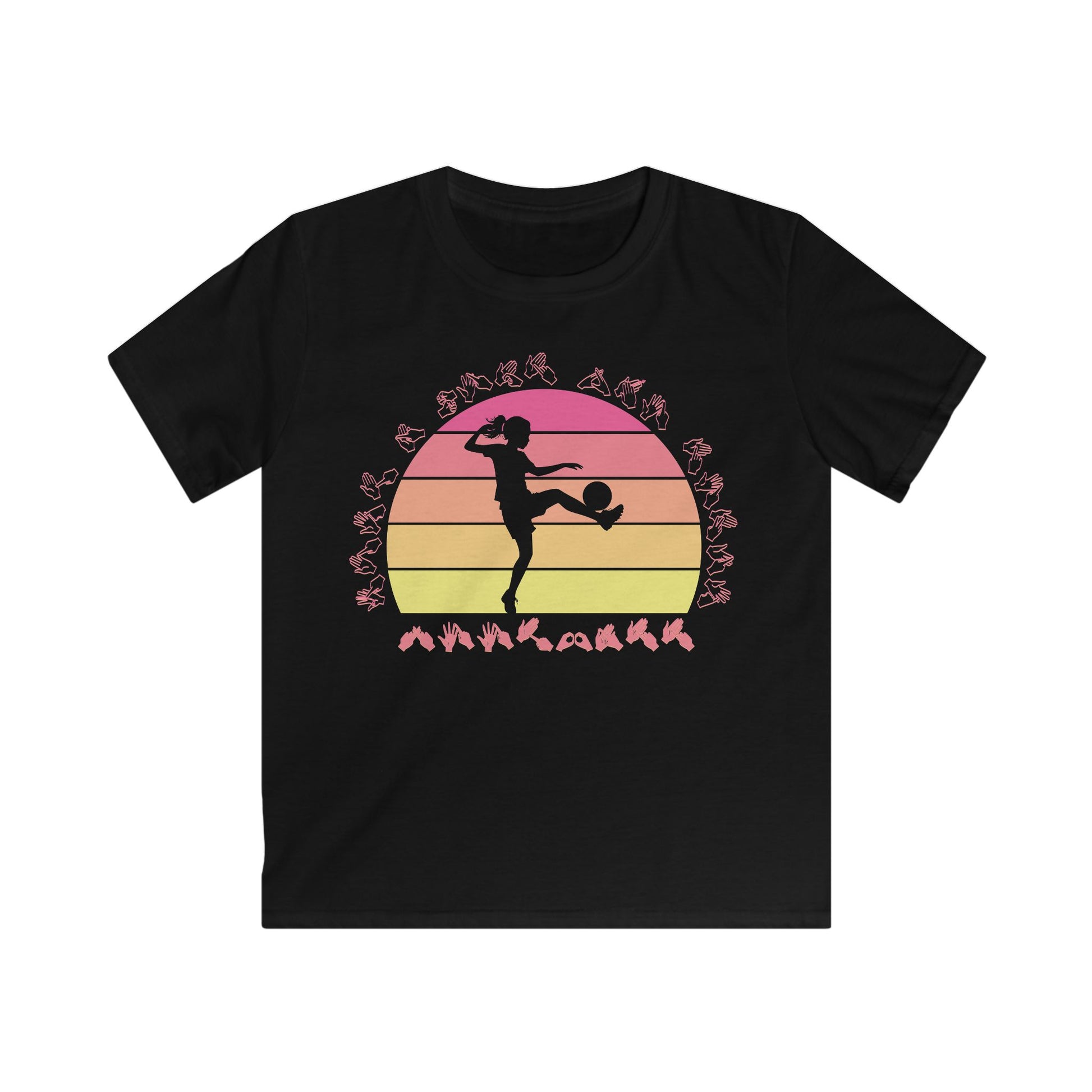 Black t-shirt with the phrase "Just a Girl Who Loves Football" in BSL Fingerspelling featuring a colourful retro sunset and a silhouette of a boy kicking a football.