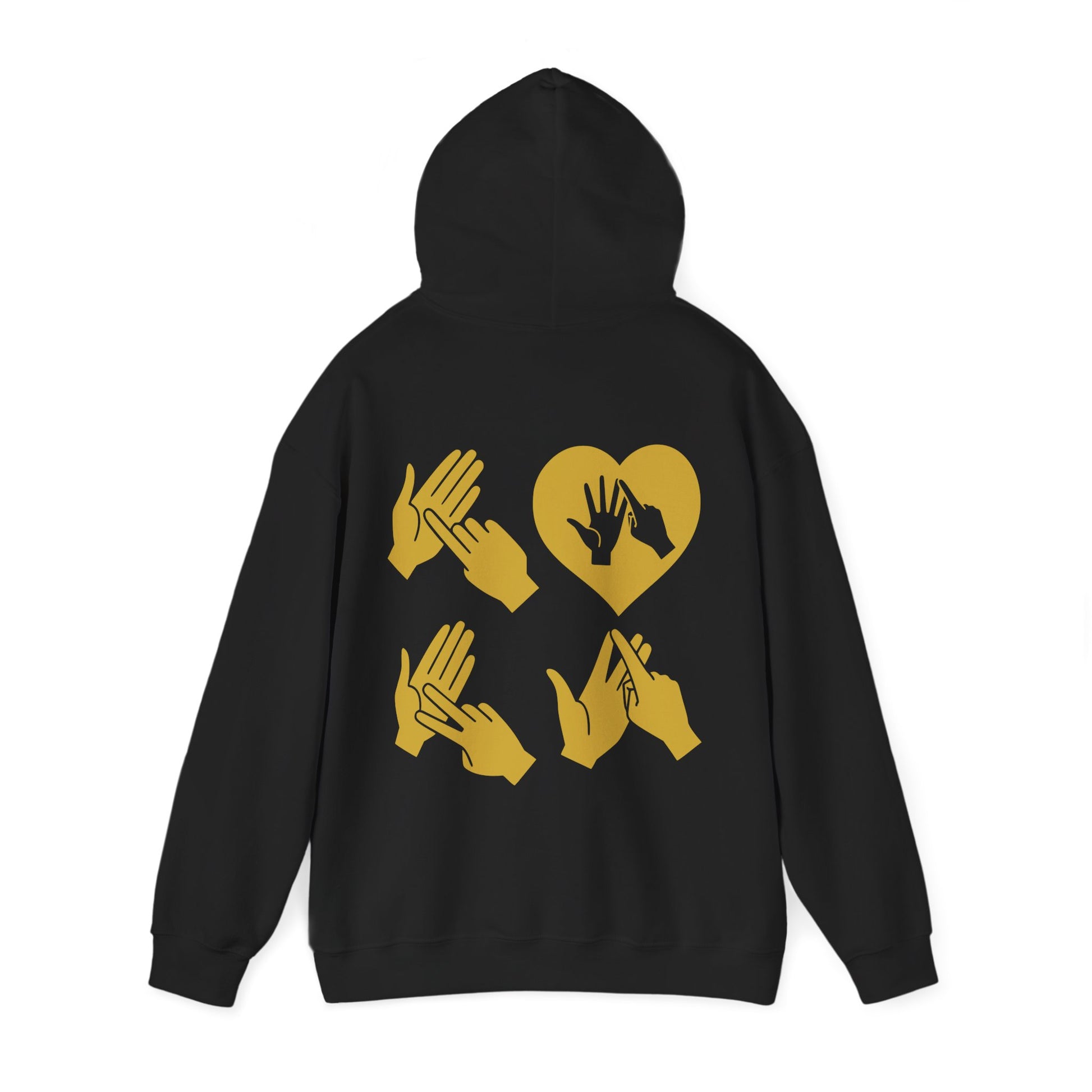 Back view of a black hoodie with the word Love in gold BSL Fingerspelling with the 'O' embedded in a heart shape