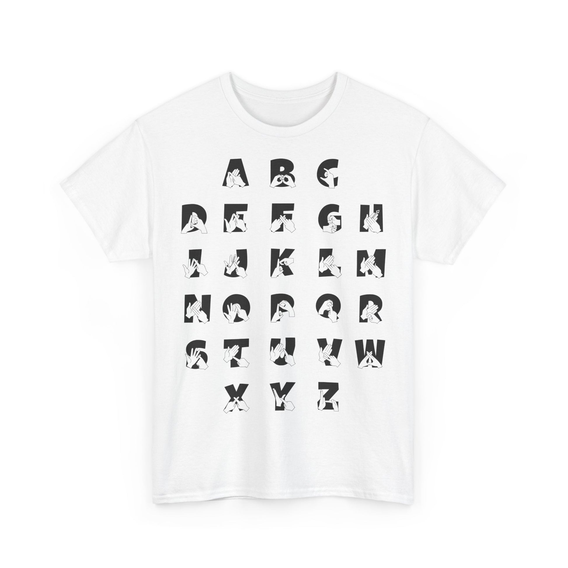 Front view of a white t-shirt with BSL Alphabet - Black Fingerspelling & Text