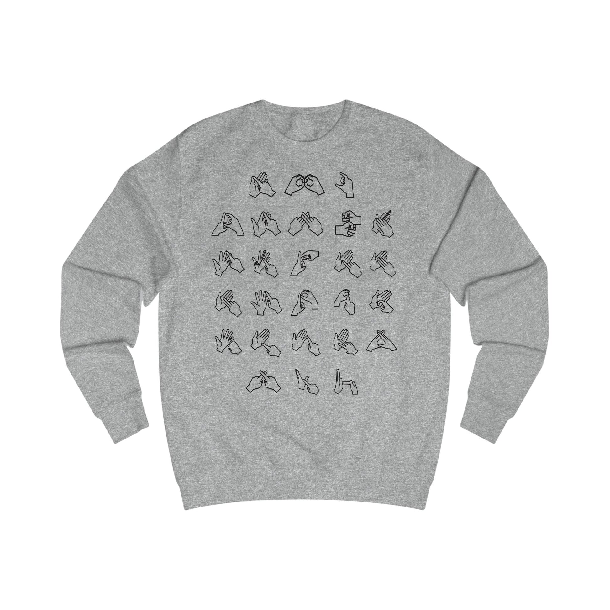 Front view of a heather grey sweatshirt with BSL Alphabet - Black Fingerspelling