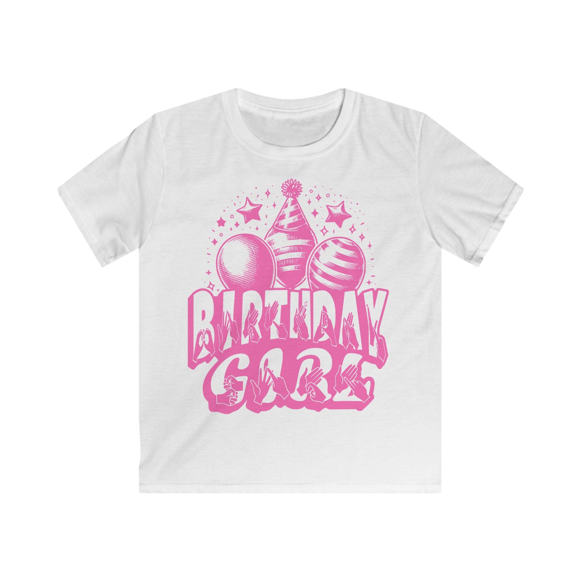 White kids' t-shirt with "Birthday Girl" in bold letters featuring British Sign Language fingerspelling, with pink balloons, stars, and a party hat above.