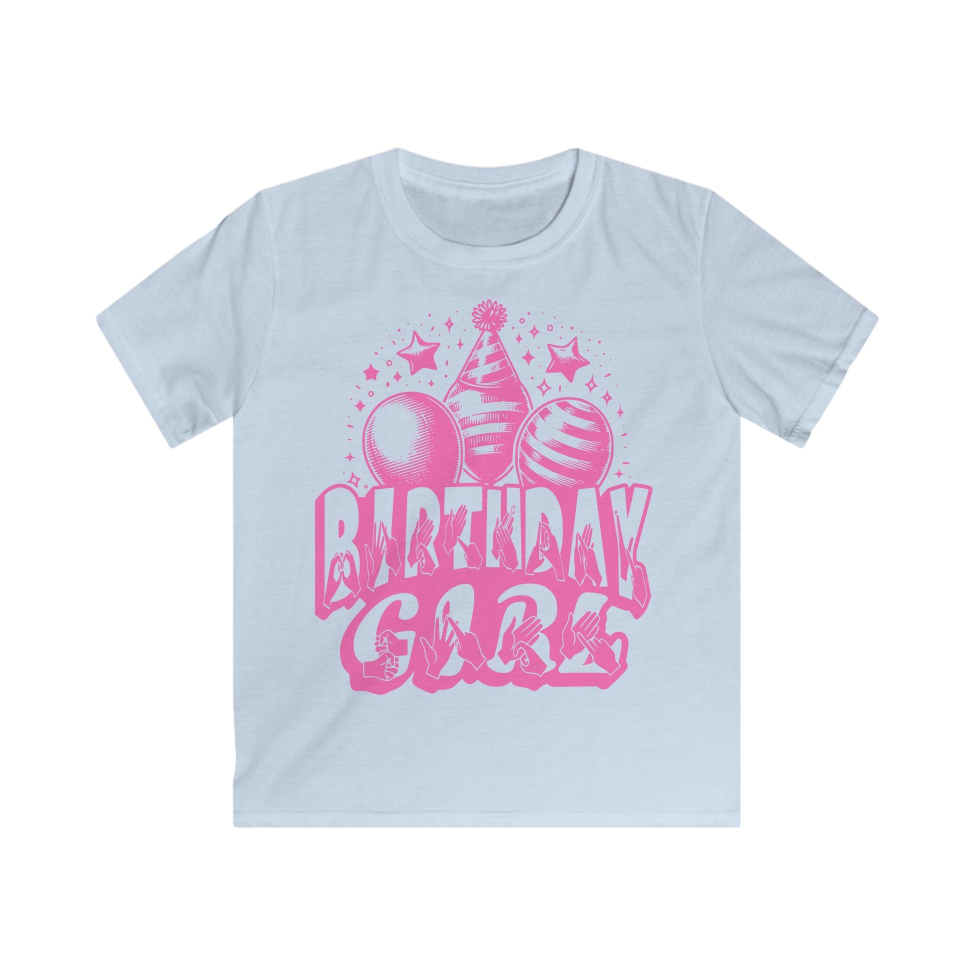 Light blue kids' t-shirt with "Birthday Girl" in bold letters featuring British Sign Language fingerspelling, with pink balloons, stars, and a party hat above.