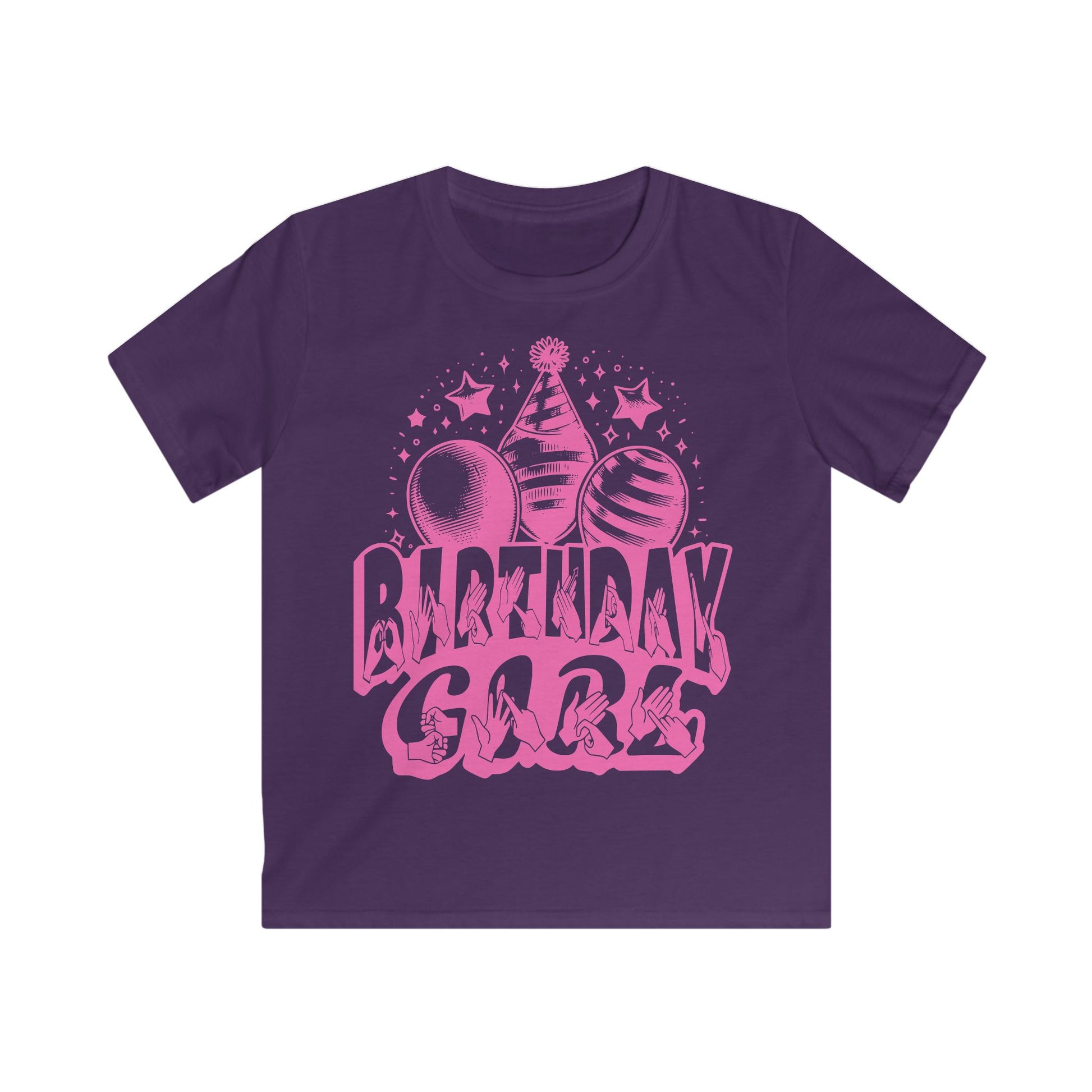Purple kids' t-shirt with "Birthday Girl" in bold letters featuring British Sign Language fingerspelling, with pink balloons, stars, and a party hat above.
