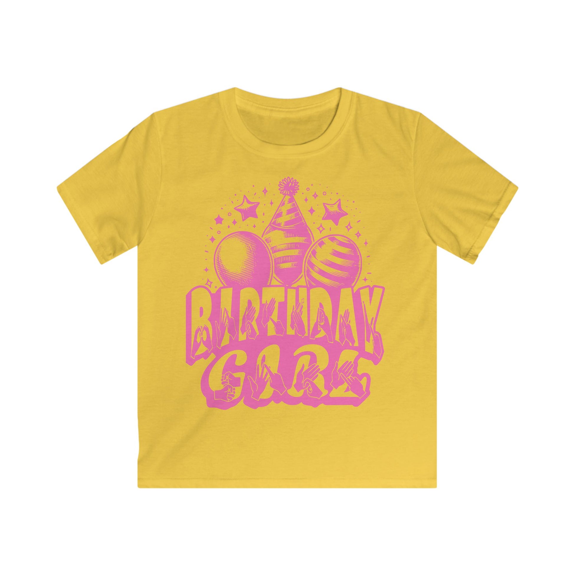 Daisy kids' t-shirt with "Birthday Girl" in bold letters featuring British Sign Language fingerspelling, with pink balloons, stars, and a party hat above.