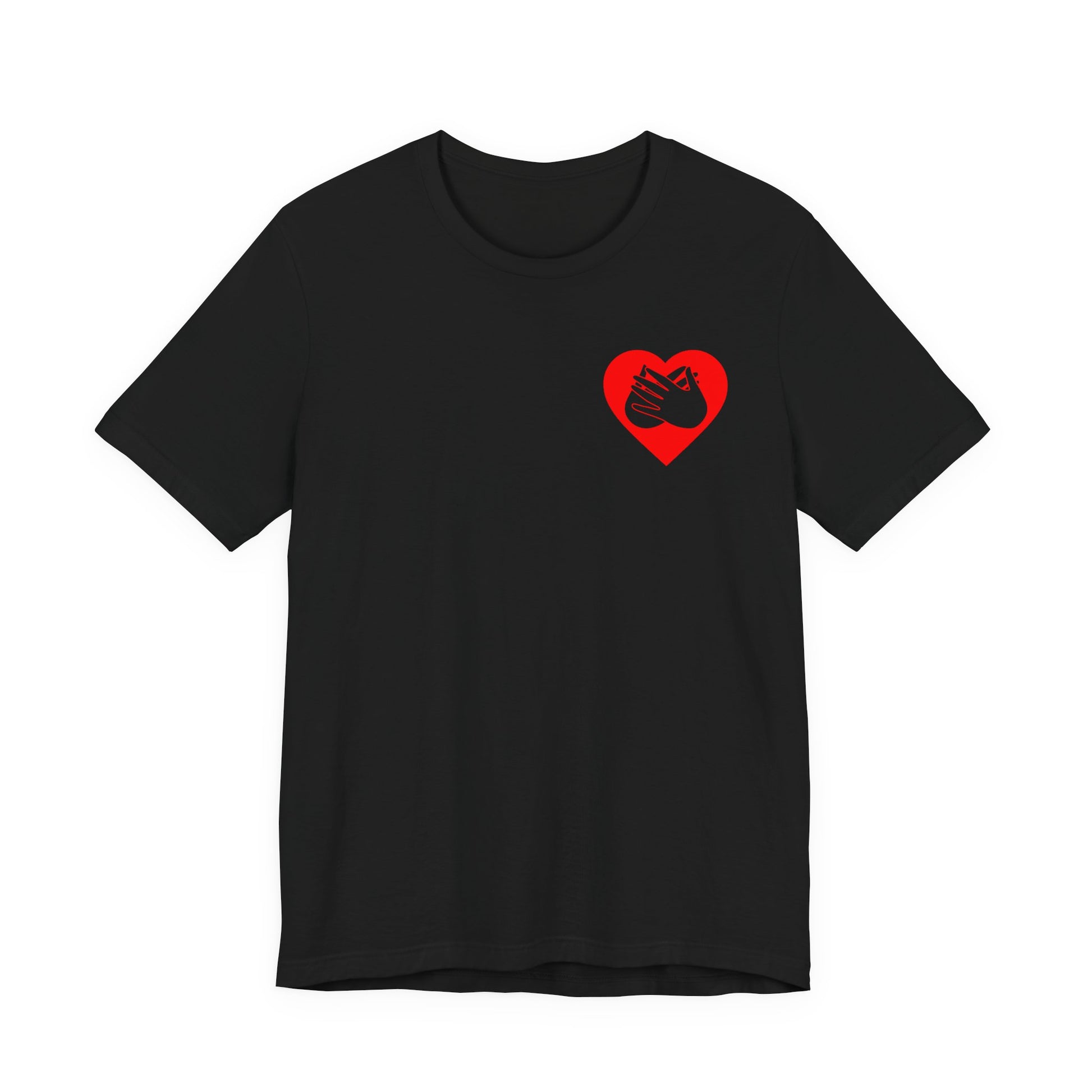 Front view of a black T-Shirt showing a red coloured heart and the iconic BSL Love sign embedded in it on the left side of the chest