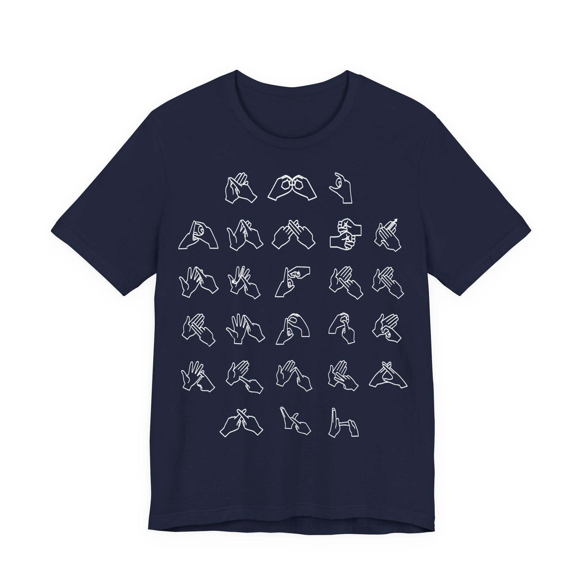 Front view of a navy t-shirt with BSL Alphabet - White Fingerspelling