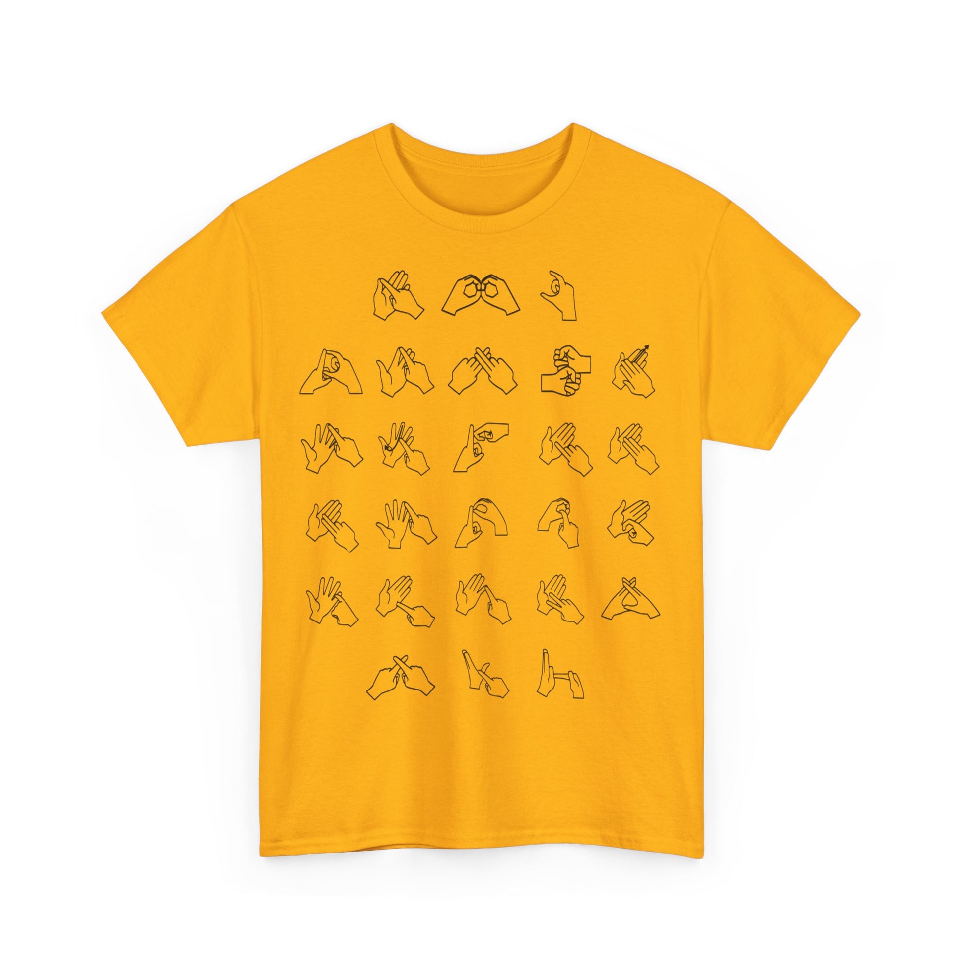 Front view of a gold t-shirt with BSL Alphabet - Black Fingerspelling