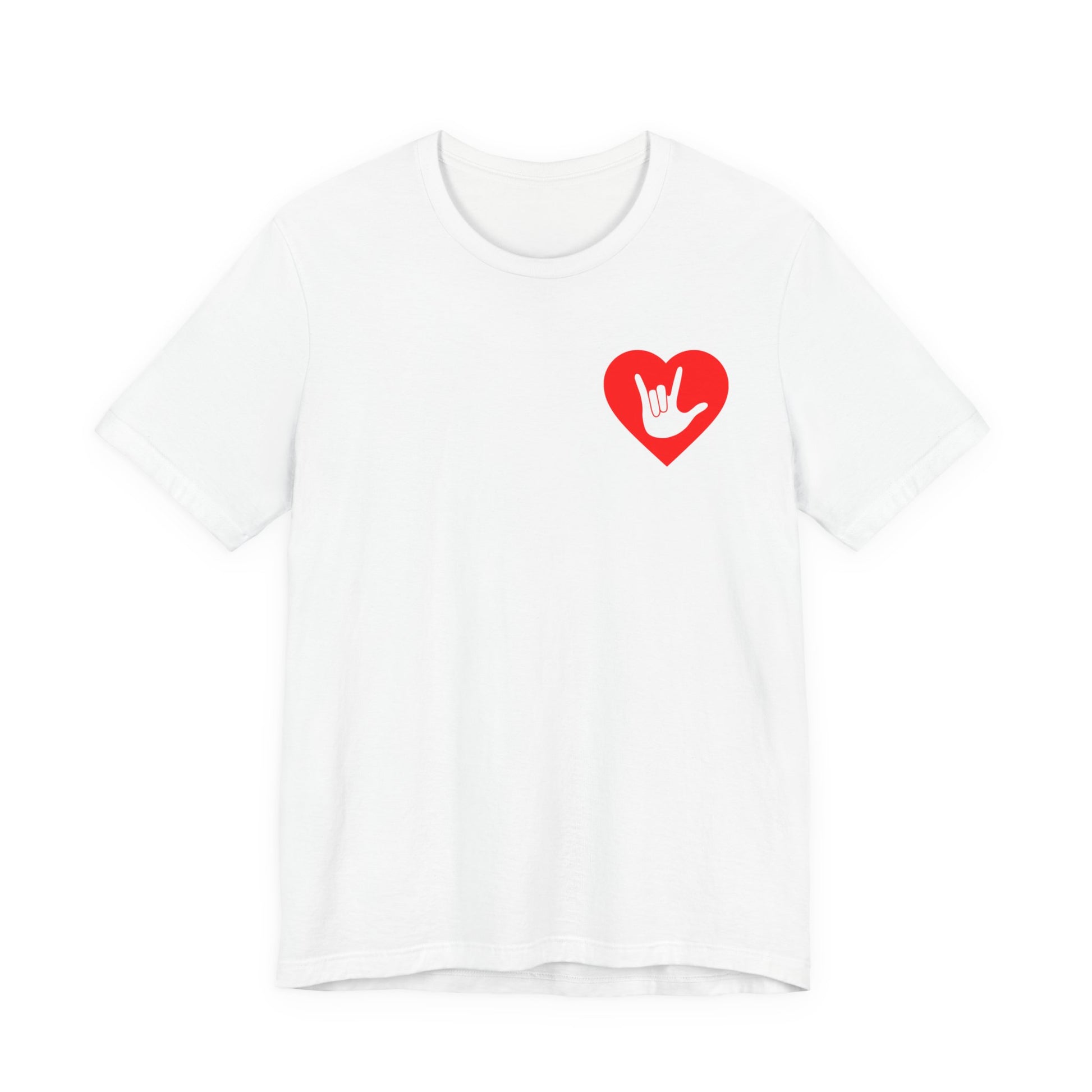 Front view of a white T-Shirt showing a red coloured heart and the iconic ASL I Love You sign embedded in it on the left side of the chest