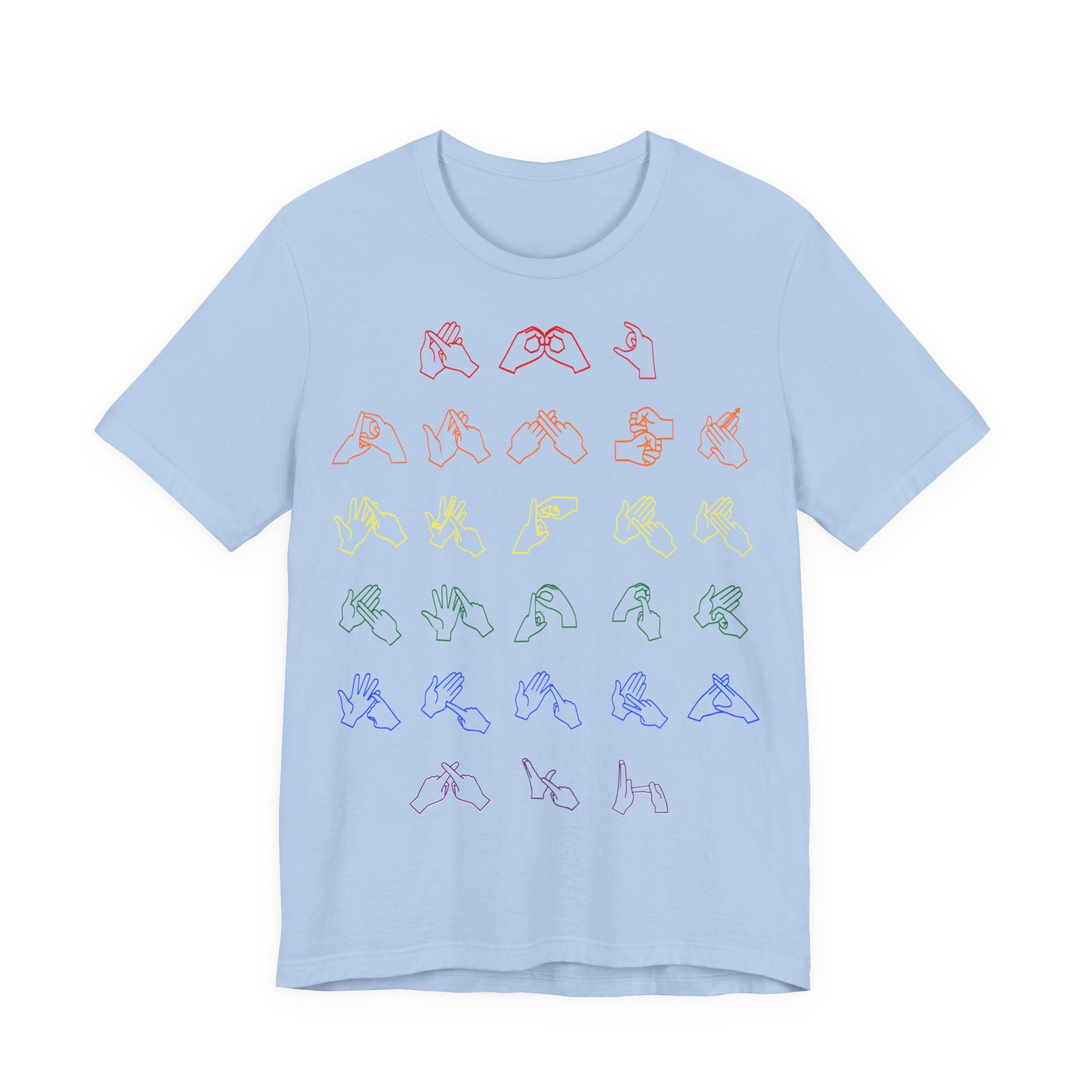Front view of a baby blue t-shirt with BSL Alphabet - Pride Fingerspelling
