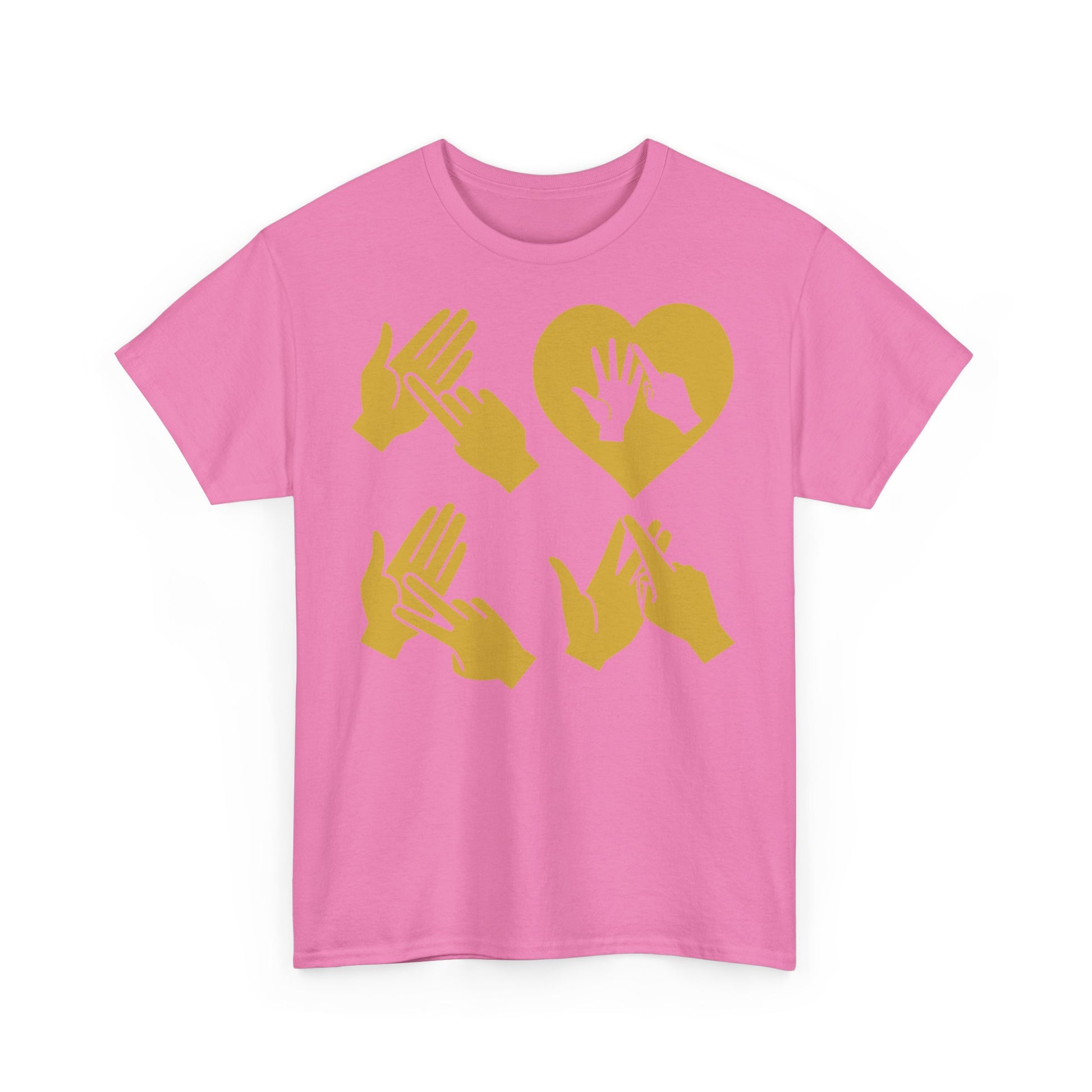 Front view of a azalea T-Shirt with the word Love in gold BSL Fingerspelling with the 'O' embedded in a heart shape