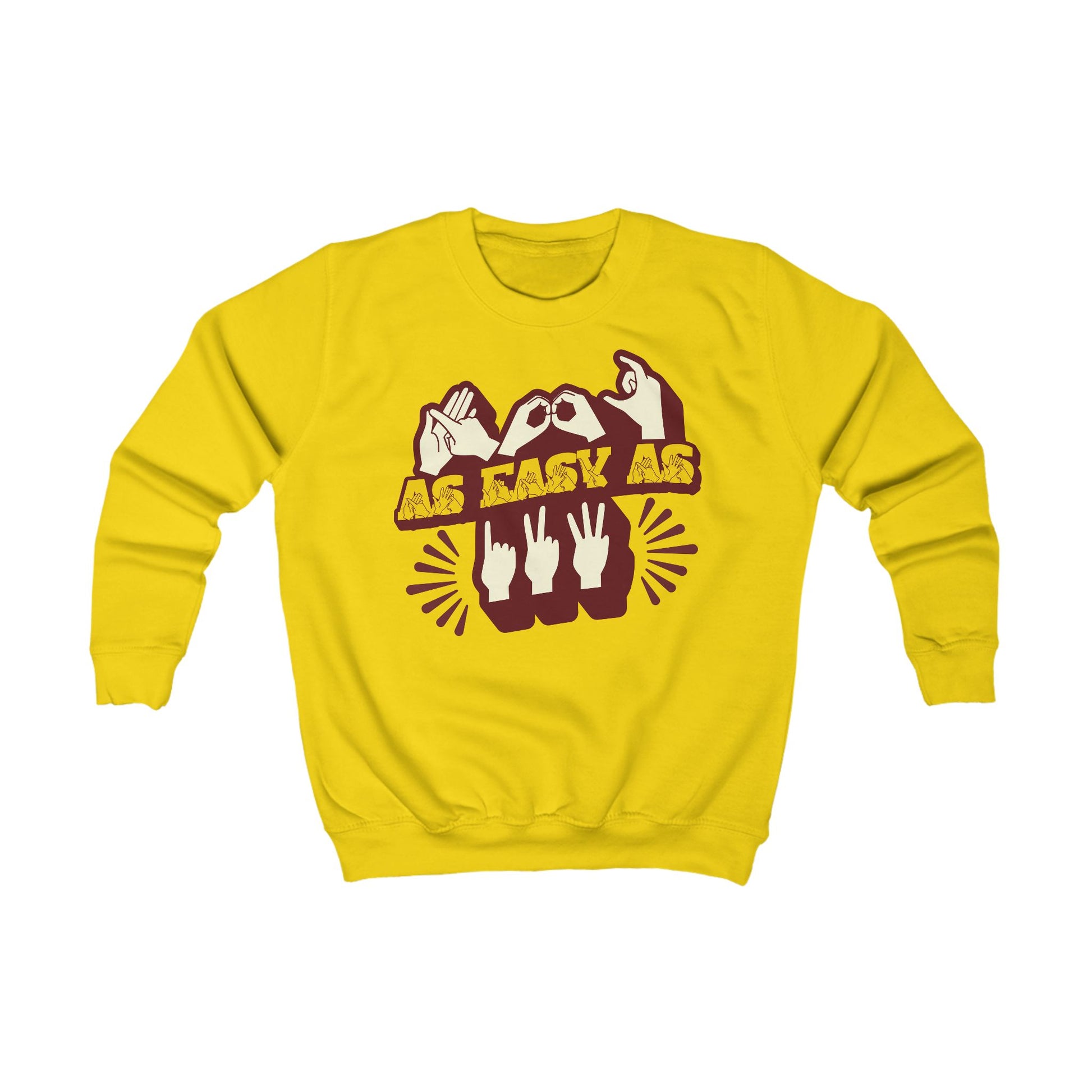 Sun yellow sweatshirt with βABC As Easy As 123β in BSL fingerspelling and text characters