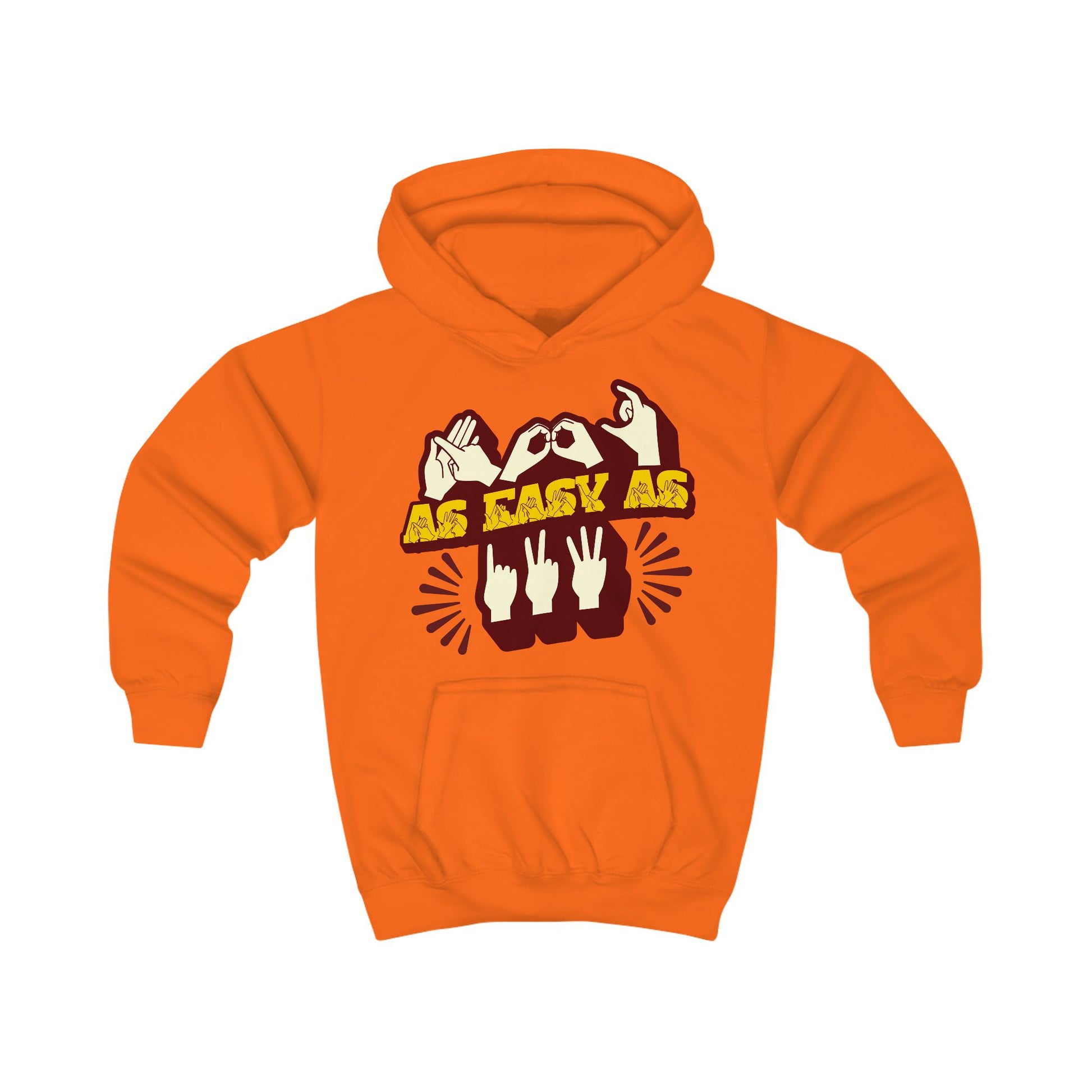 Orange crush hoodie with ‘ABC As Easy As 123’ in BSL fingerspelling and text characters