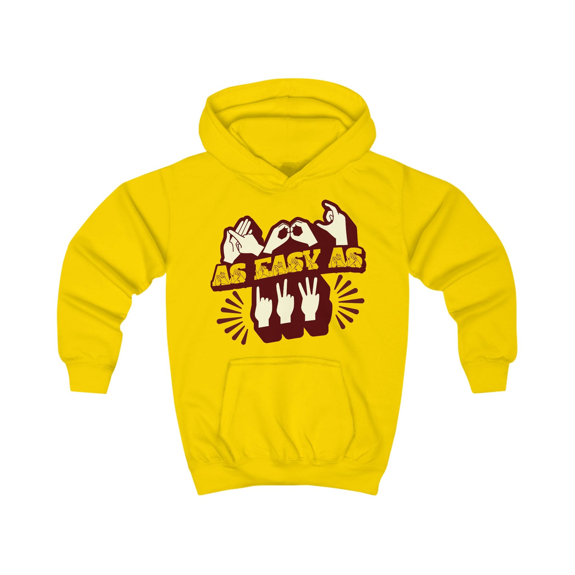 Sun yellow hoodie with ‘ABC As Easy As 123’ in BSL fingerspelling and text characters