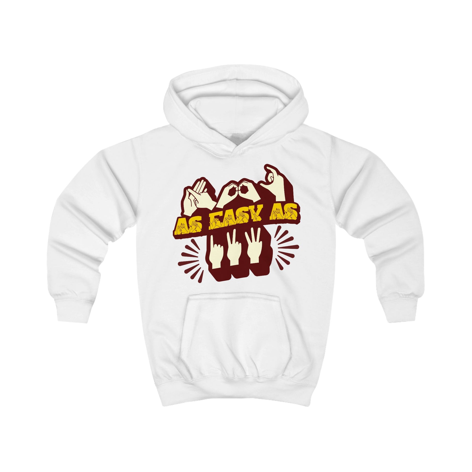 Arctic white hoodie with ‘ABC As Easy As 123’ in BSL fingerspelling and text characters