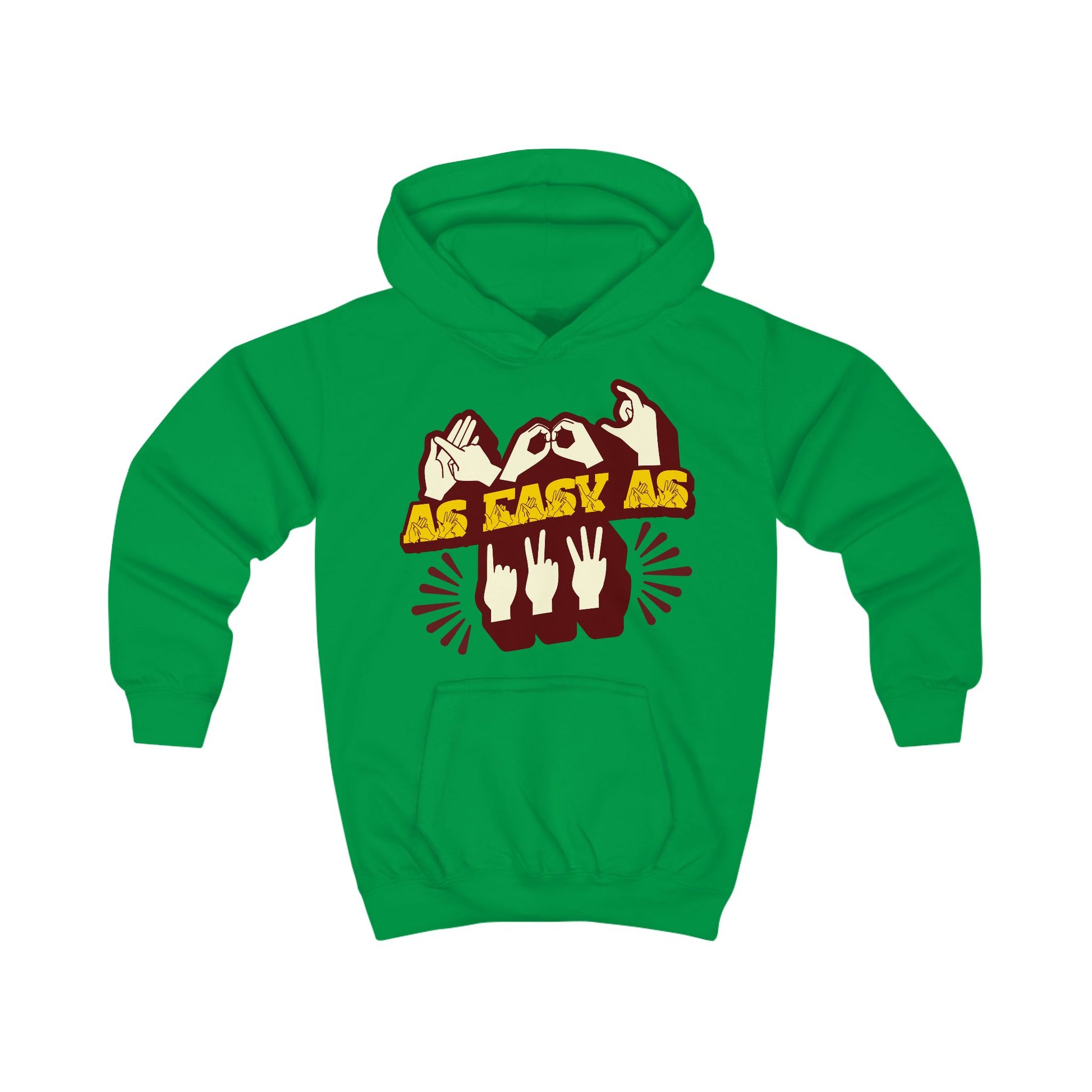 Kelly green hoodie with ‘ABC As Easy As 123’ in BSL fingerspelling and text characters