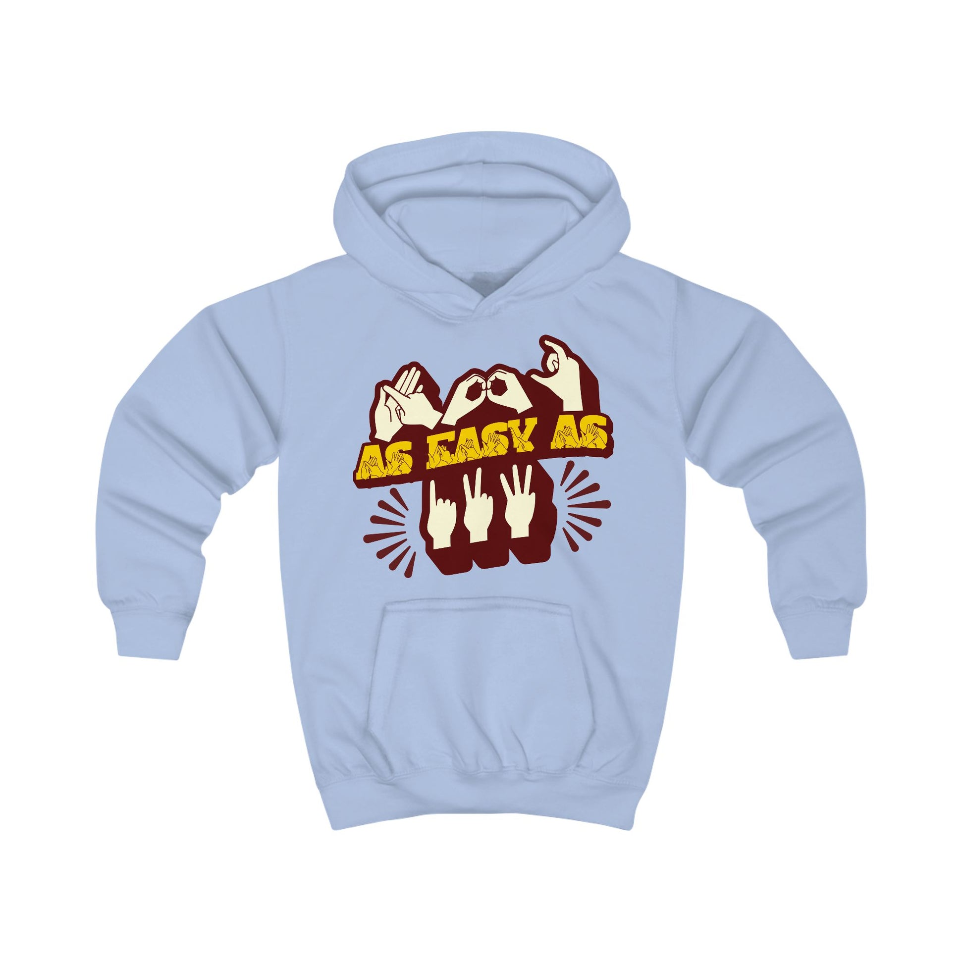 Sky blue hoodie with ‘ABC As Easy As 123’ in BSL fingerspelling and text characters