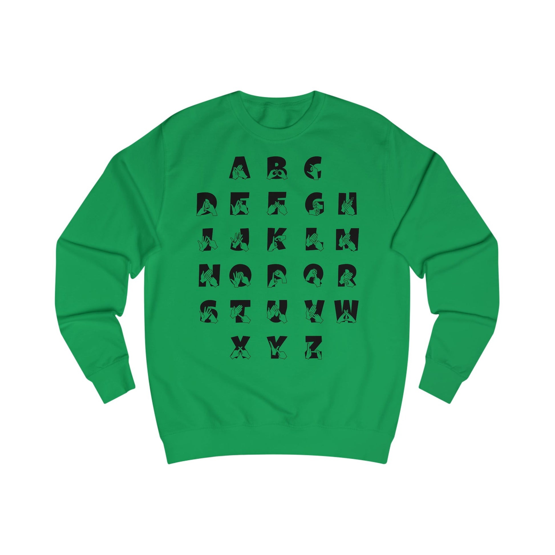 Front view of a kelly green sweatshirt with BSL Alphabet - Black Fingerspelling & Text