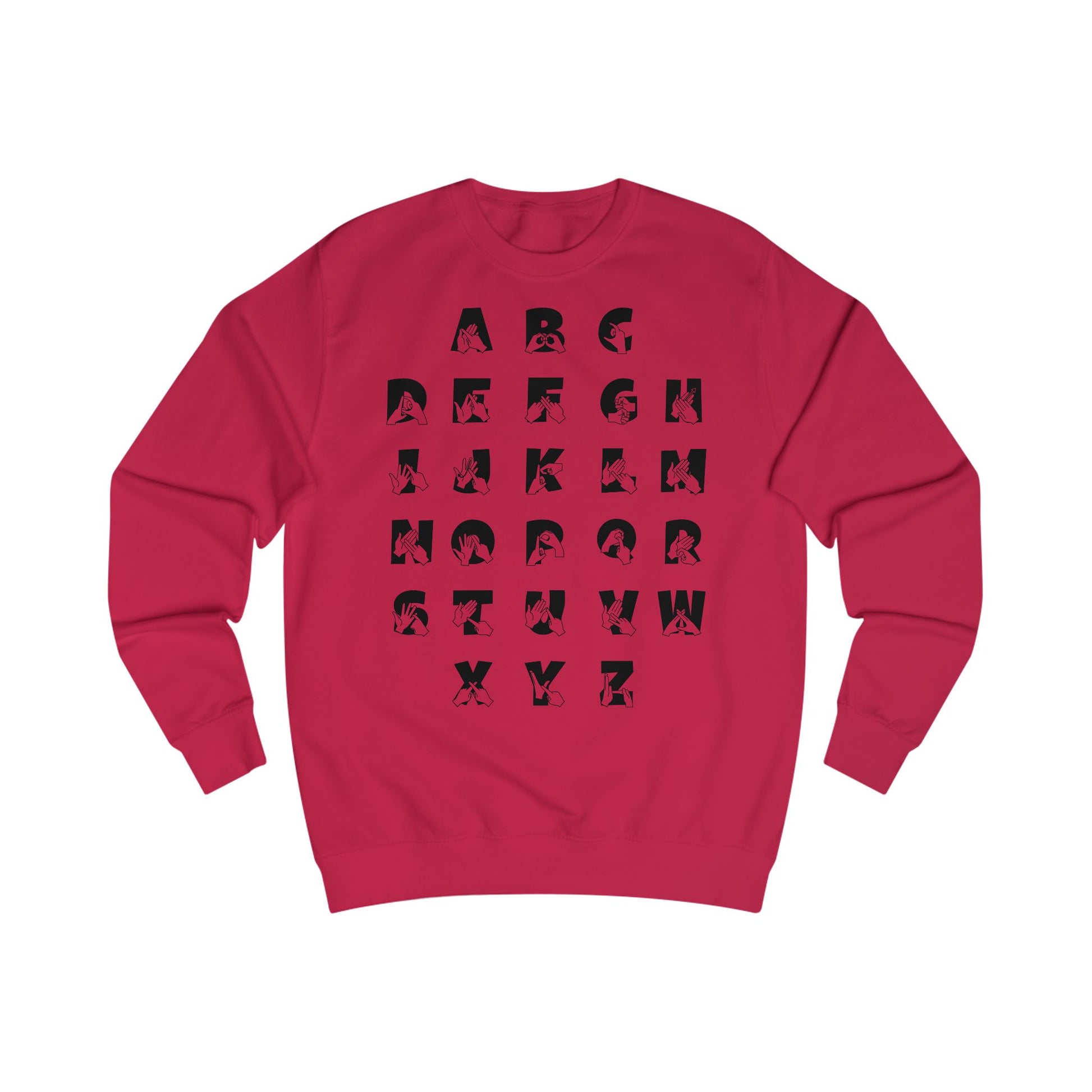 Front view of a fire red sweatshirt with BSL Alphabet - Black Fingerspelling & Text