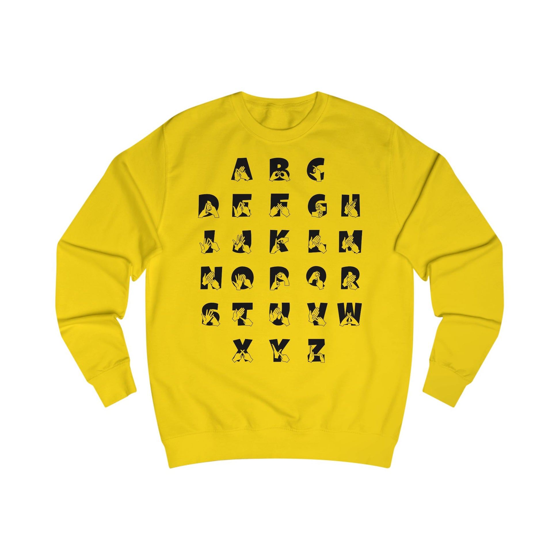 Front view of a sun yellow sweatshirt with BSL Alphabet - Black Fingerspelling & Text