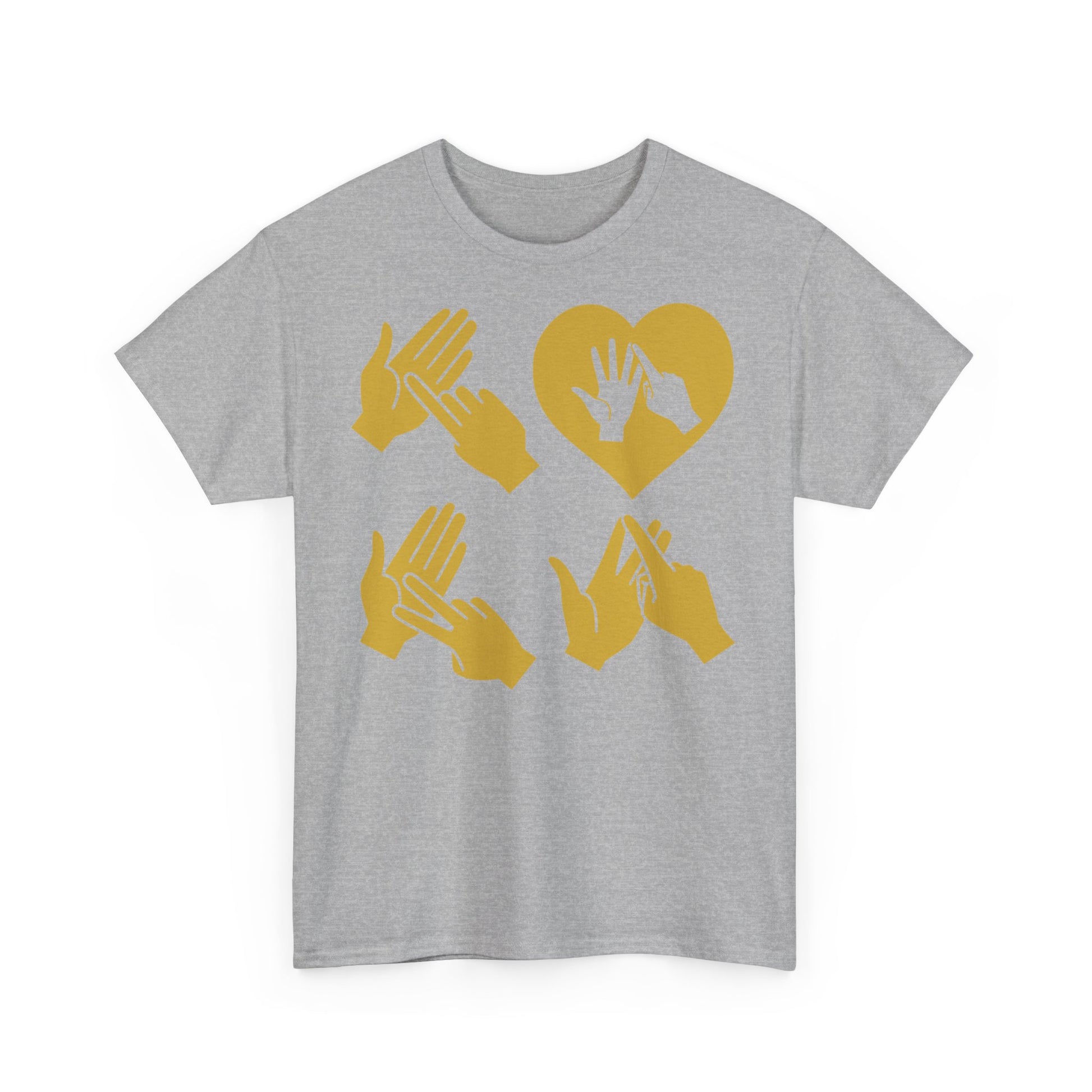 Front view of a sport grey T-Shirt with the word Love in gold BSL Fingerspelling with the 'O' embedded in a heart shape