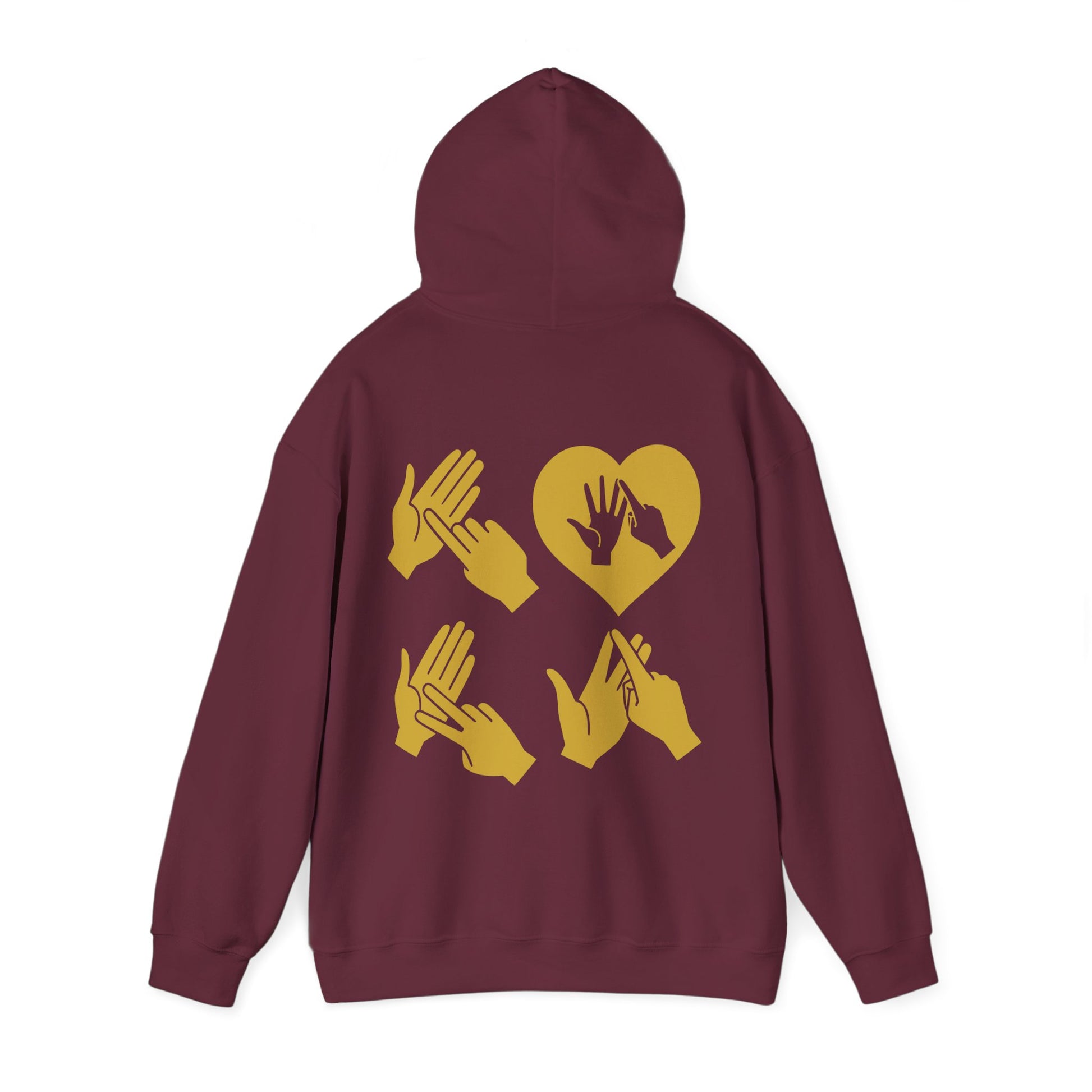 Back view of a maroon hoodie with the word Love in gold BSL Fingerspelling with the 'O' embedded in a heart shape