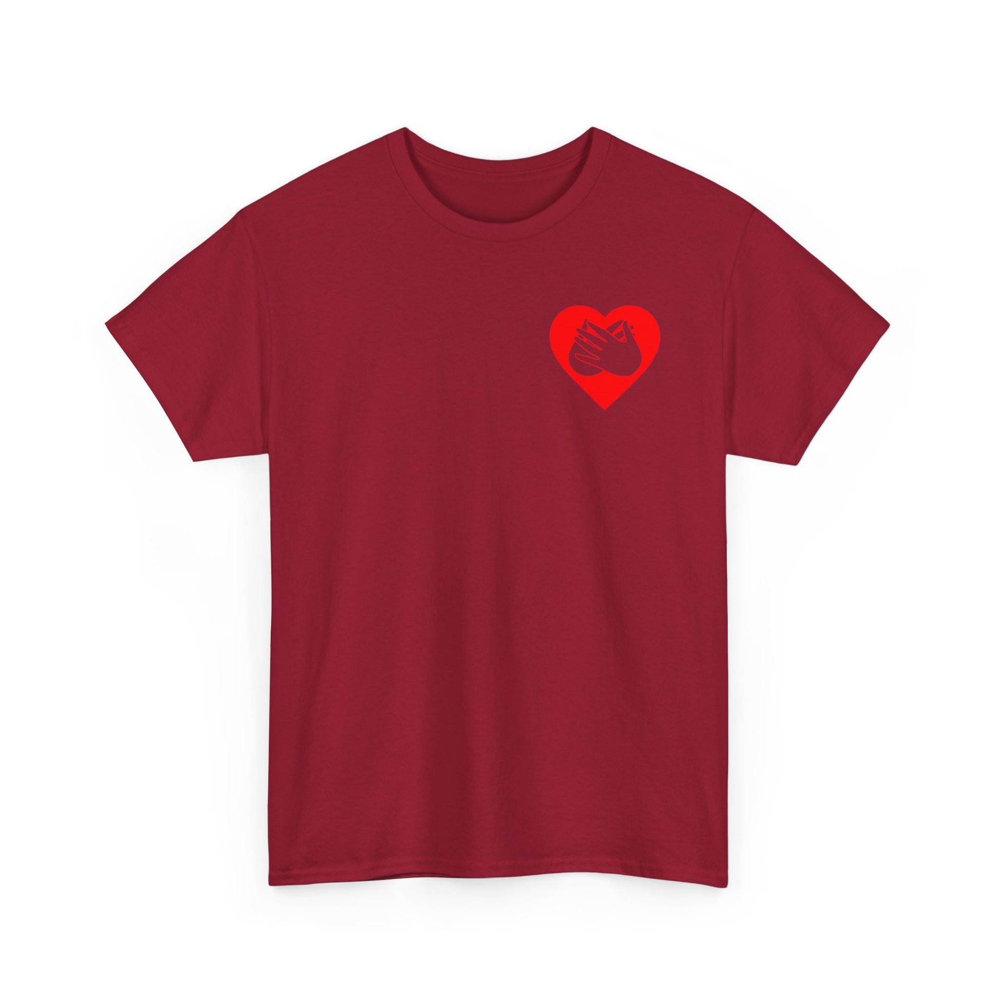 Front view of a cardinal red T-Shirt showing a red coloured heart and the iconic BSL Love sign embedded in it on the left side of the chest