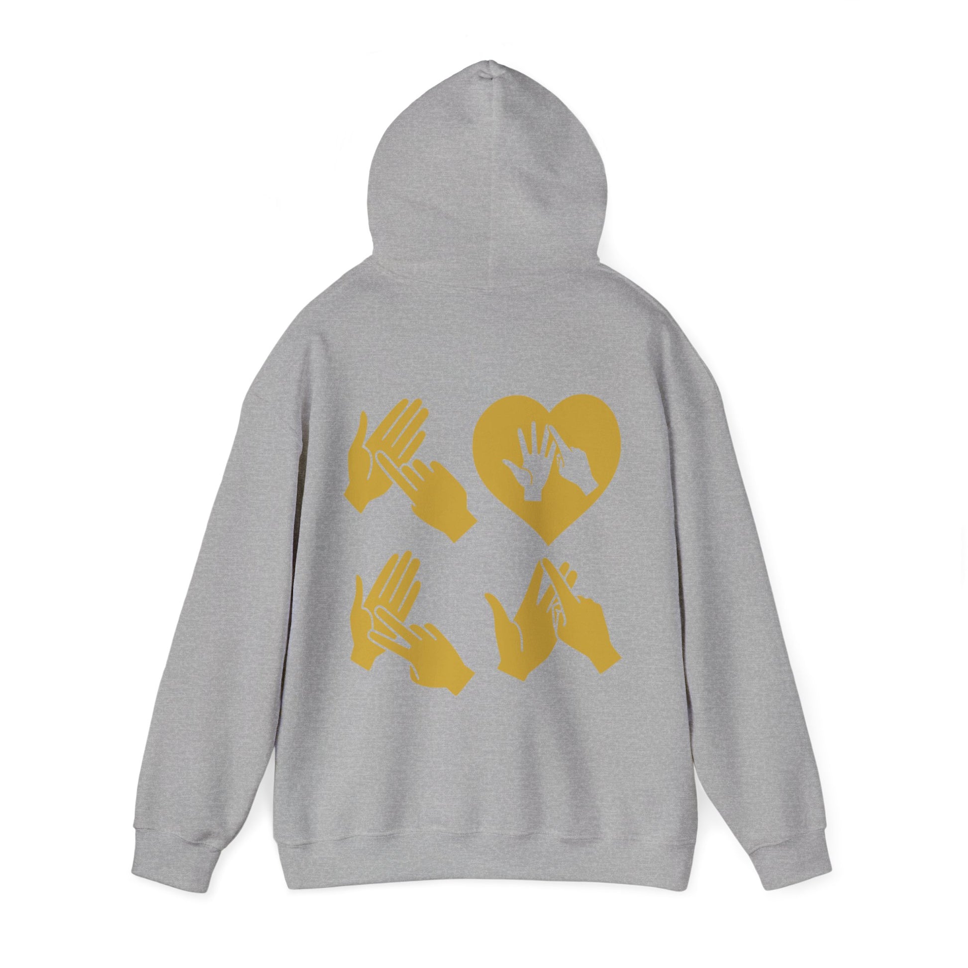 Back view of a sport grey hoodie with the word Love in gold BSL Fingerspelling with the 'O' embedded in a heart shape