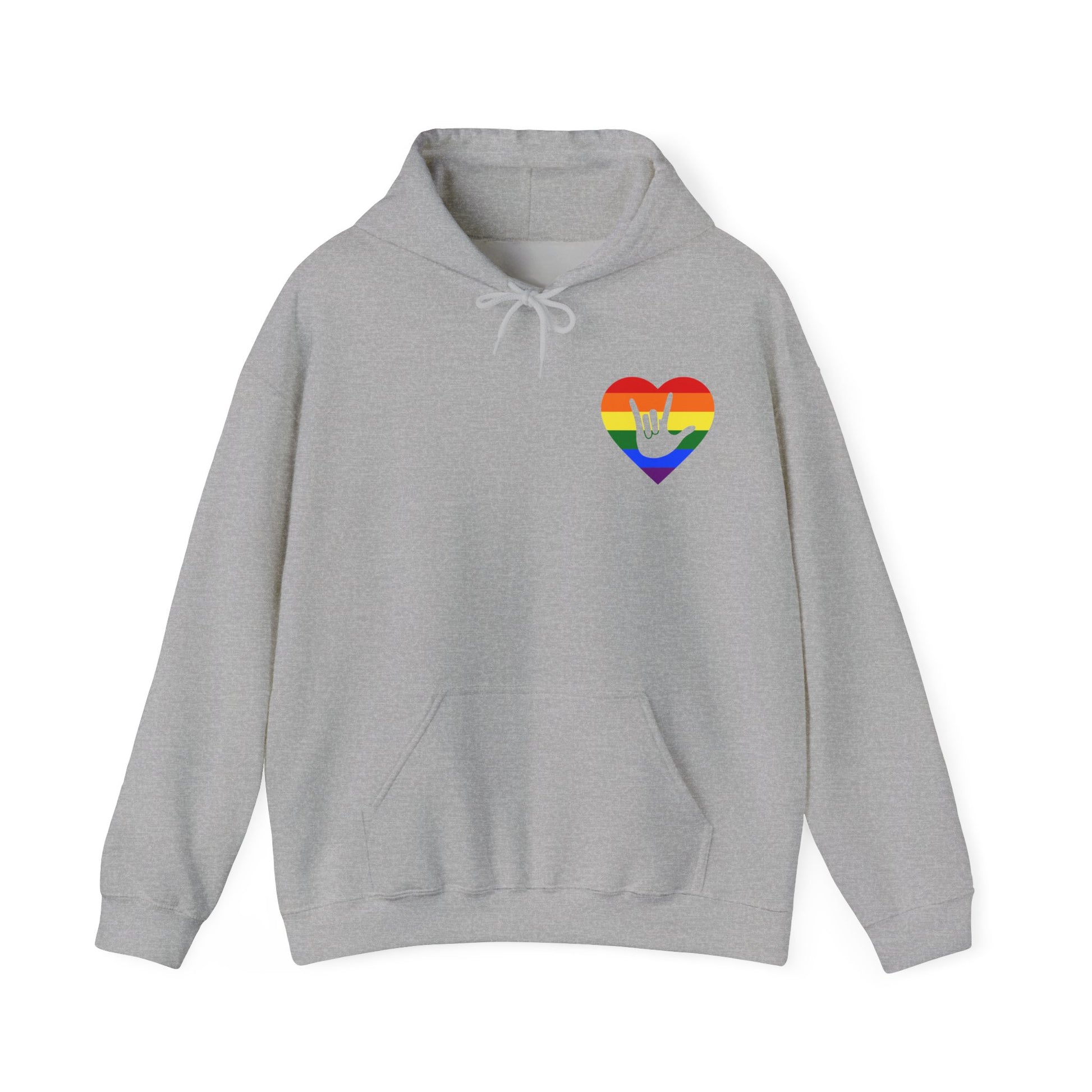 Front view of a sport grey hoodie showing a pride coloured heart and the iconic ASL I Love You sign embedded in it on the left side of the chest