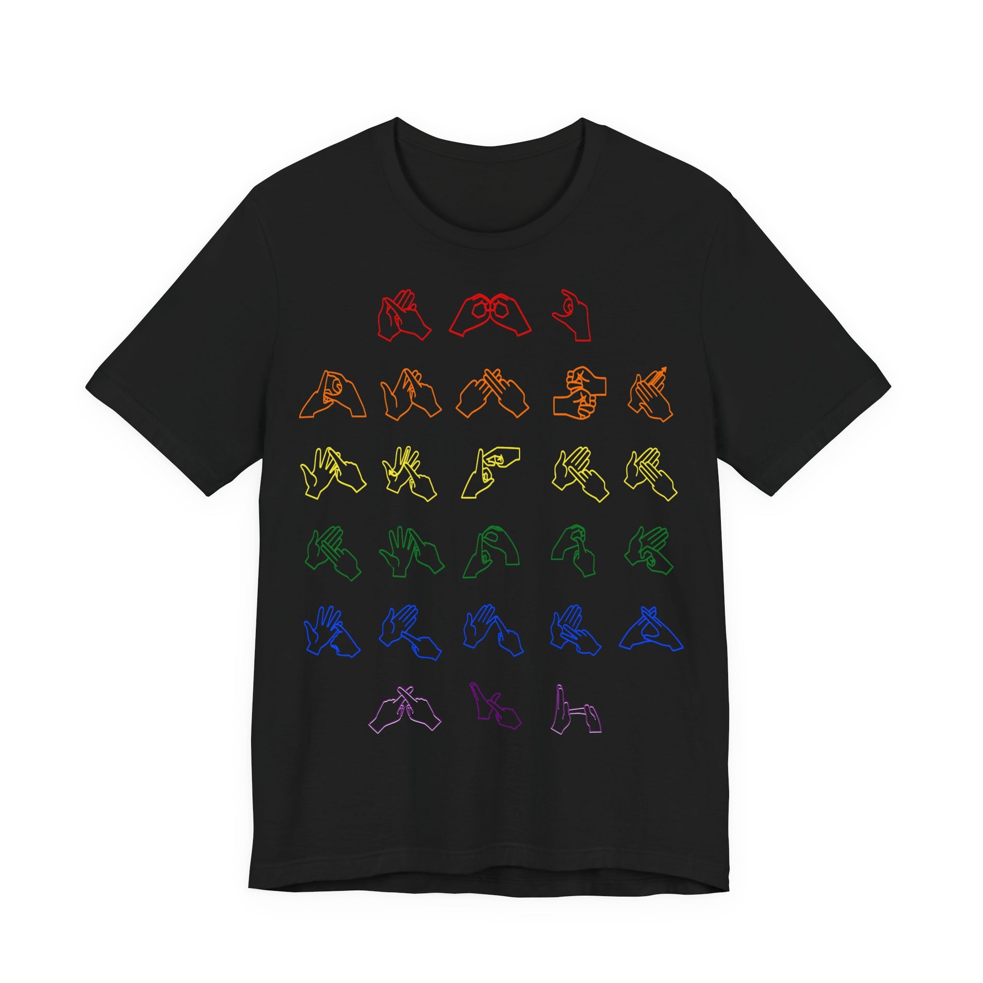 Front view of a black t-shirt with BSL Alphabet - Pride Fingerspelling