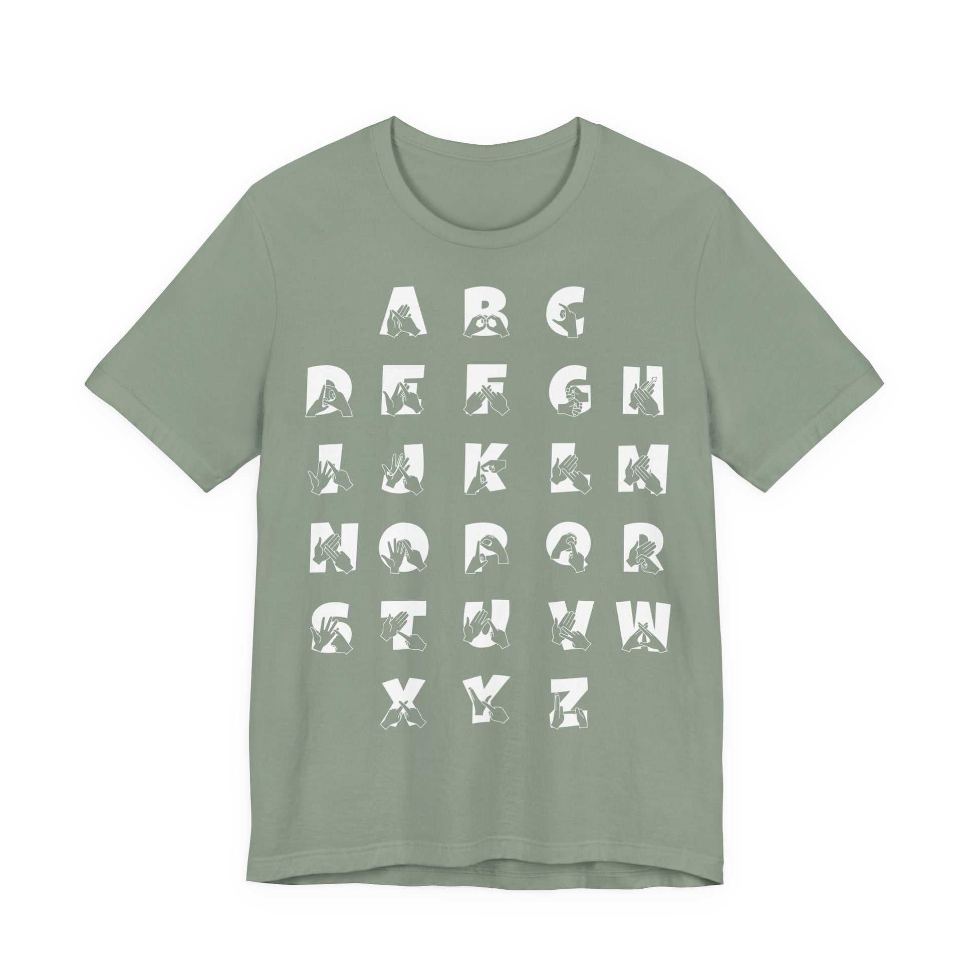 Front view of a sage t-shirt with BSL Alphabet - White Fingerspelling & Text