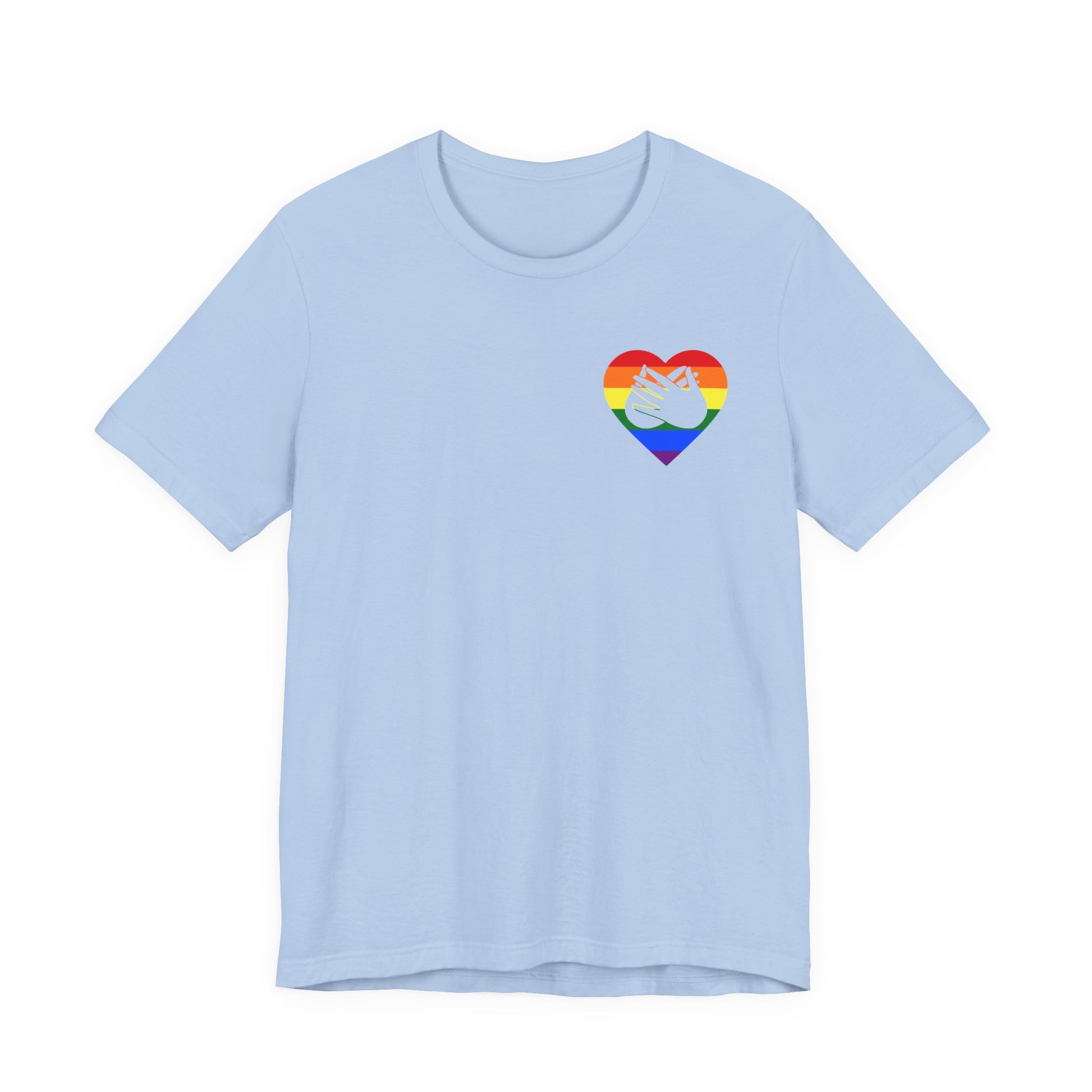 Front view of a baby blue T-Shirt showing a pride coloured heart and the iconic BSL Love sign embedded in it on the left side of the chest
