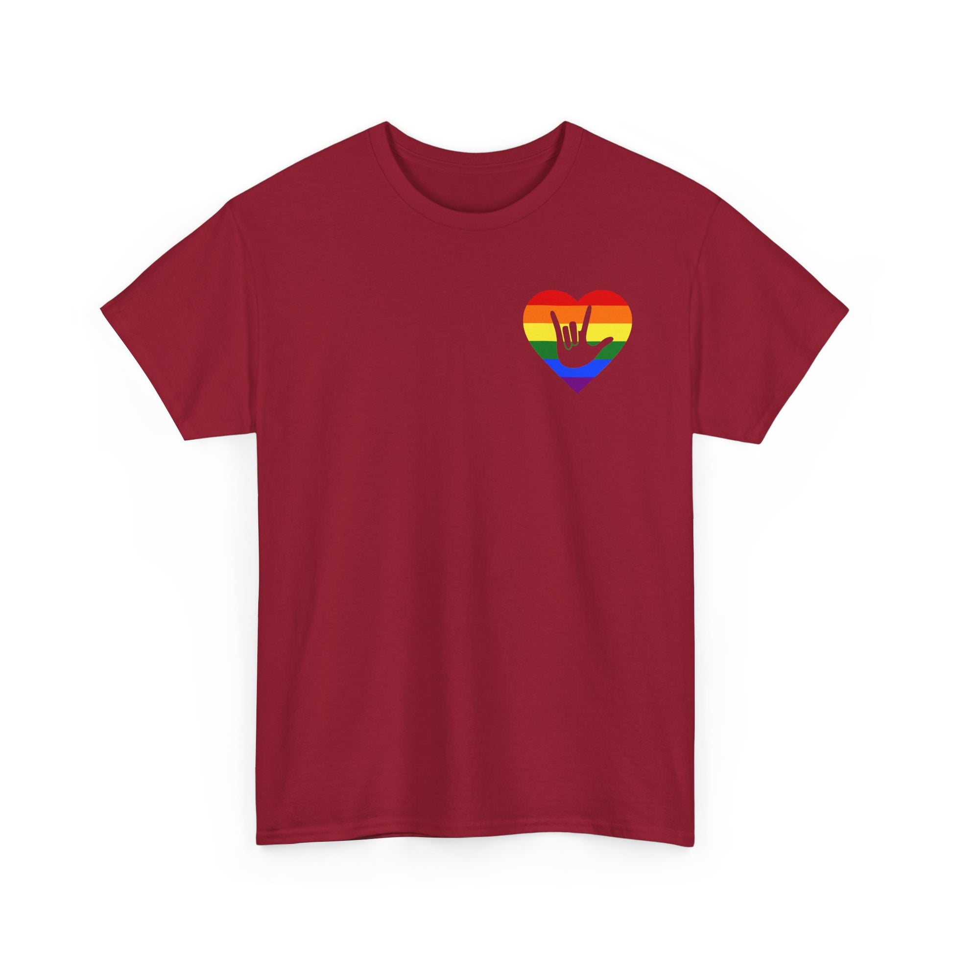 Front view of a cardinal red T-Shirt showing a pride coloured heart and the iconic ASL I Love You sign embedded in it on the left side of the chest