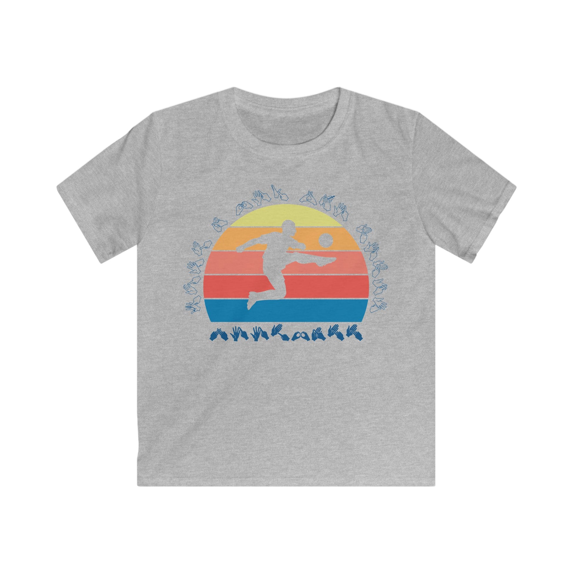 Sport grey t-shirt with the phrase "Just a Boy Who Loves Football" in BSL Fingerspelling featuring a colourful retro sunset and a silhouette of a boy kicking a football.