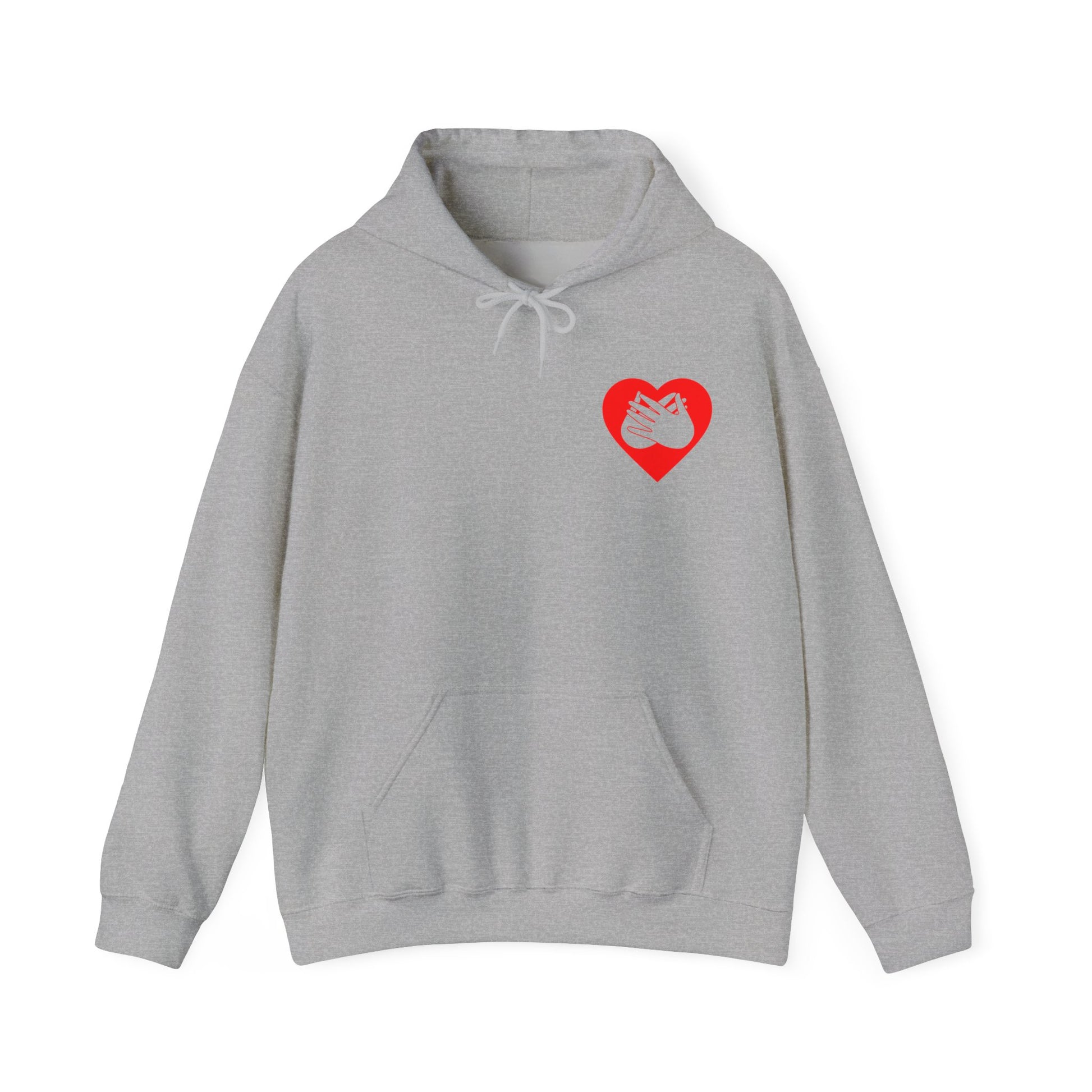 Front view of a sport grey hoodie showing a red coloured heart and the iconic BSL Love sign embedded in it on the left side of the chest