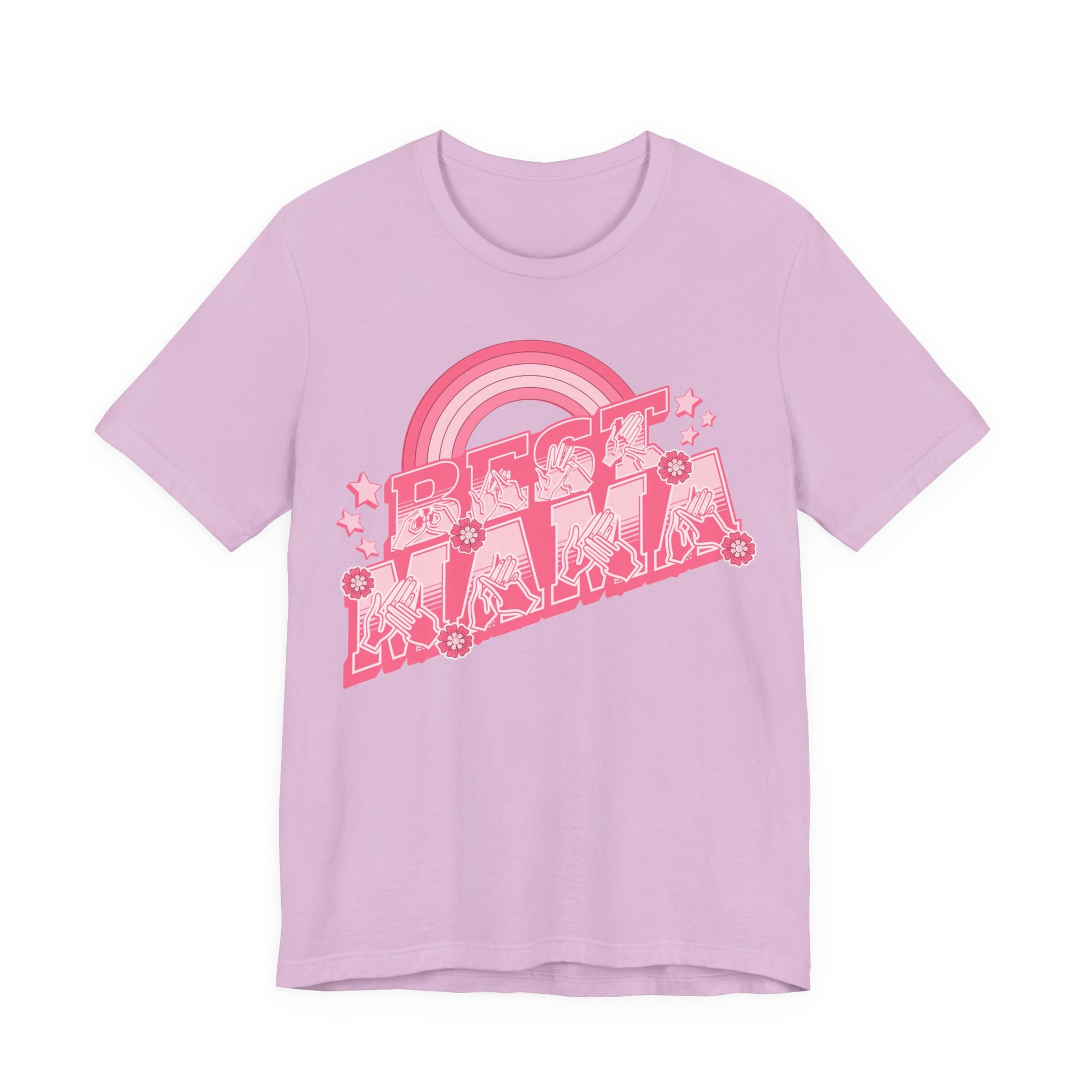 Lilac T-shirt with ‘Best Mama’ shown in BSL fingerspelling and text, with rainbow, stars, and floral accents