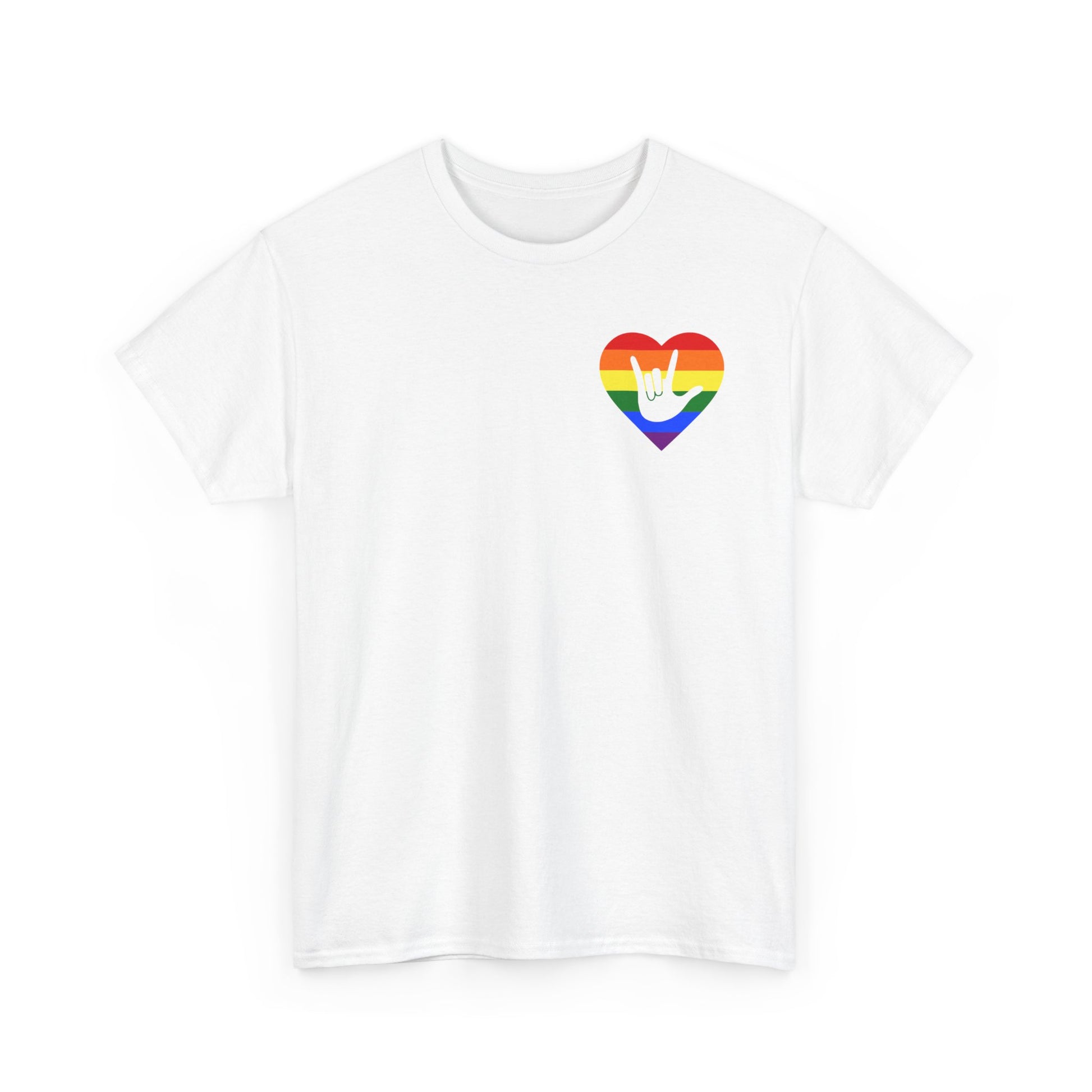 Front view of a white T-Shirt showing a pride coloured heart and the iconic ASL I Love You sign embedded in it on the left side of the chest