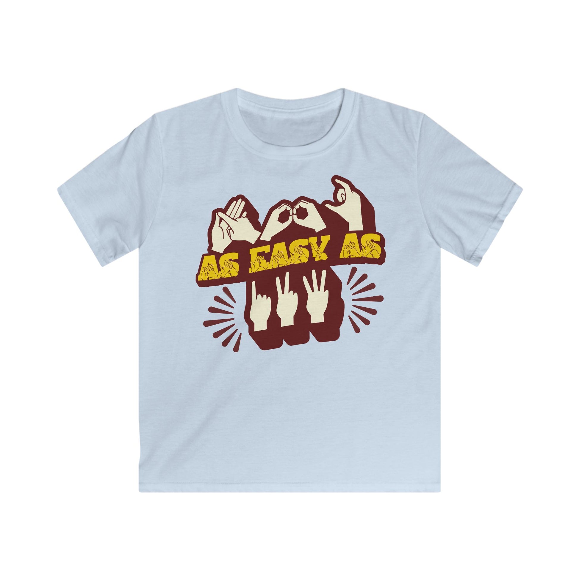 Light blue T-Shirt with ‘ABC As Easy As 123’ in BSL fingerspelling and text