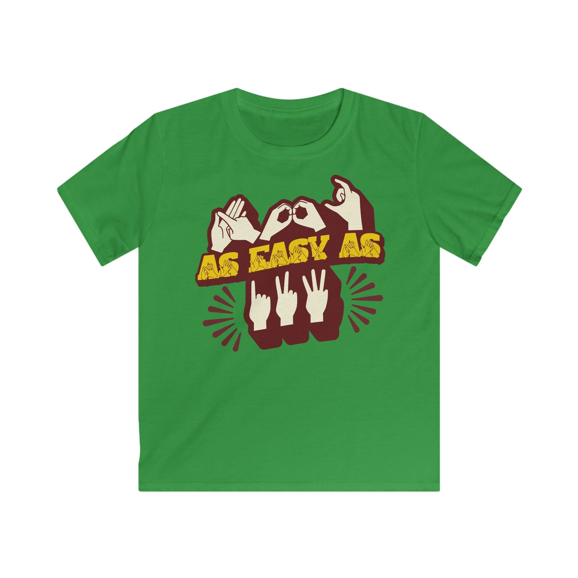 Irish green T-Shirt with ‘ABC As Easy As 123’ in BSL fingerspelling and text