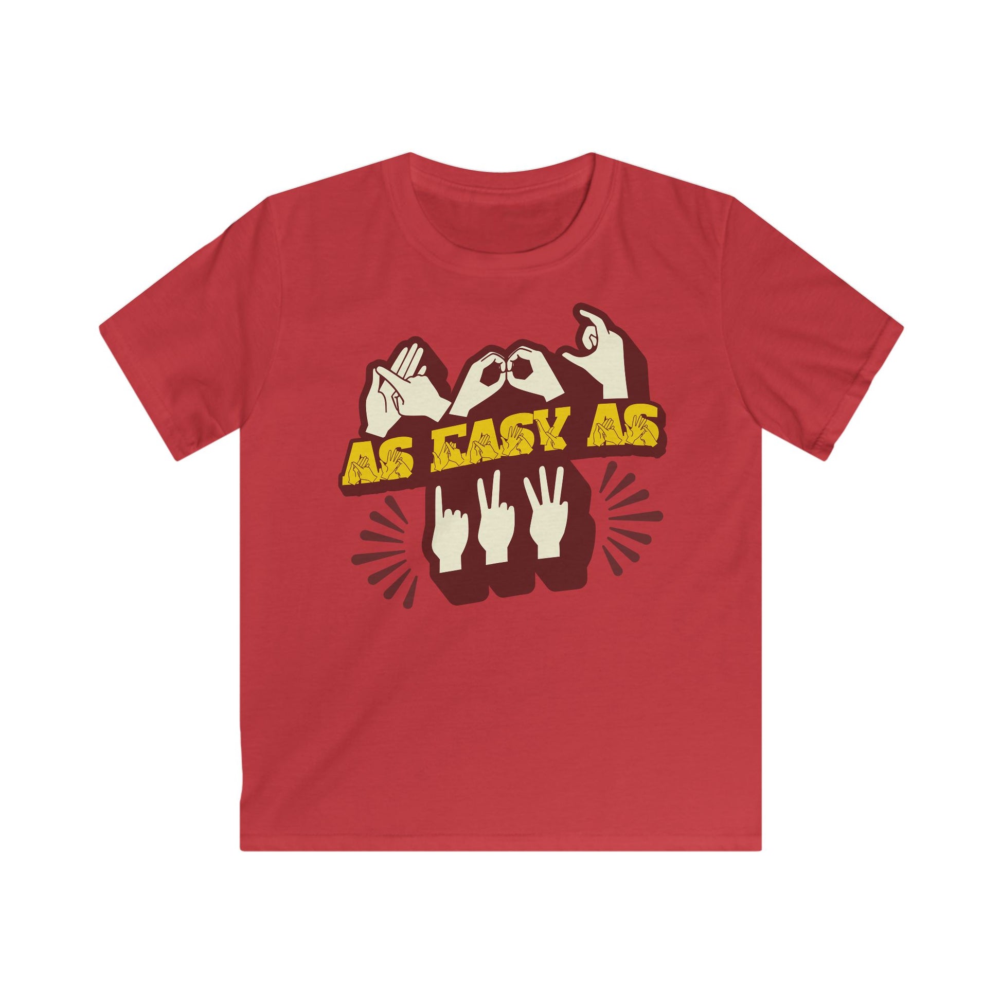 Red T-Shirt with ‘ABC As Easy As 123’ in BSL fingerspelling and text