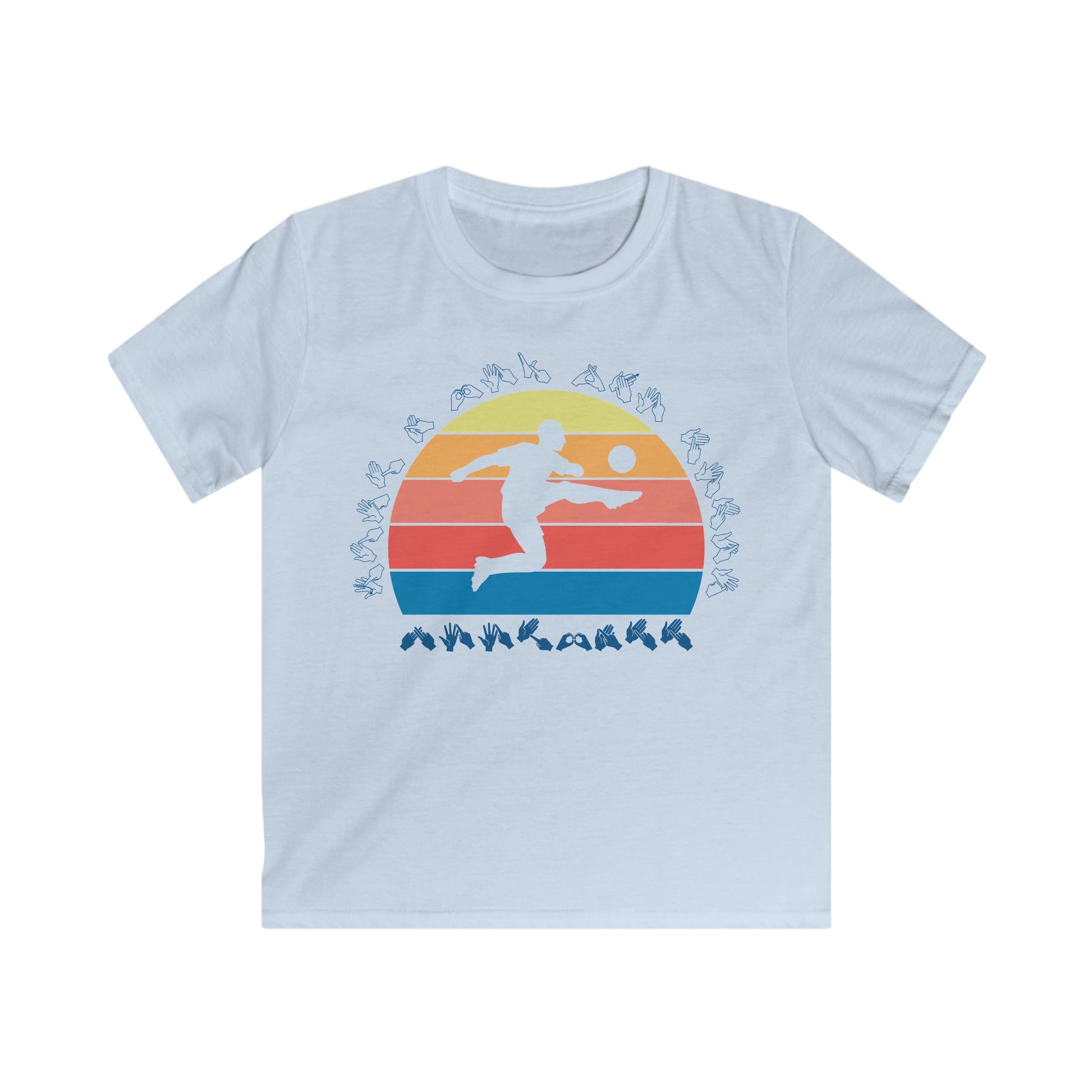 Light blue t-shirt with the phrase "Just a Boy Who Loves Football" in BSL Fingerspelling featuring a colourful retro sunset and a silhouette of a boy kicking a football.