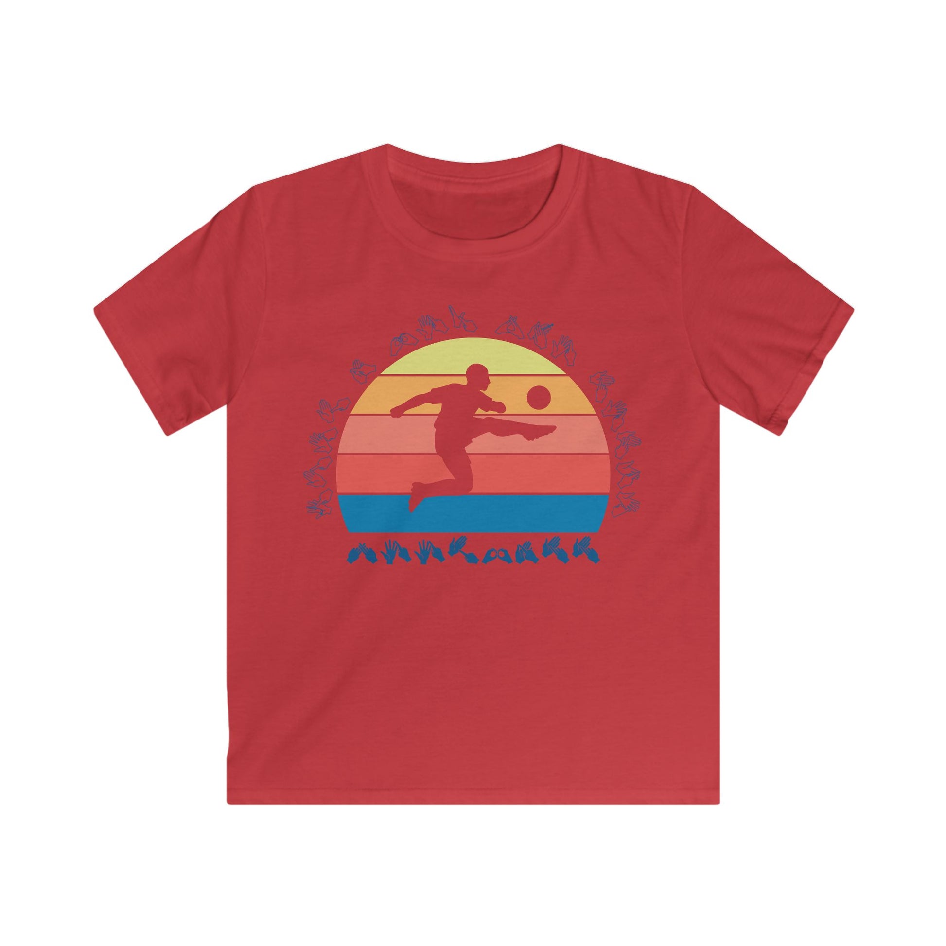 Red t-shirt with the phrase "Just a Boy Who Loves Football" in BSL Fingerspelling featuring a colourful retro sunset and a silhouette of a boy kicking a football.