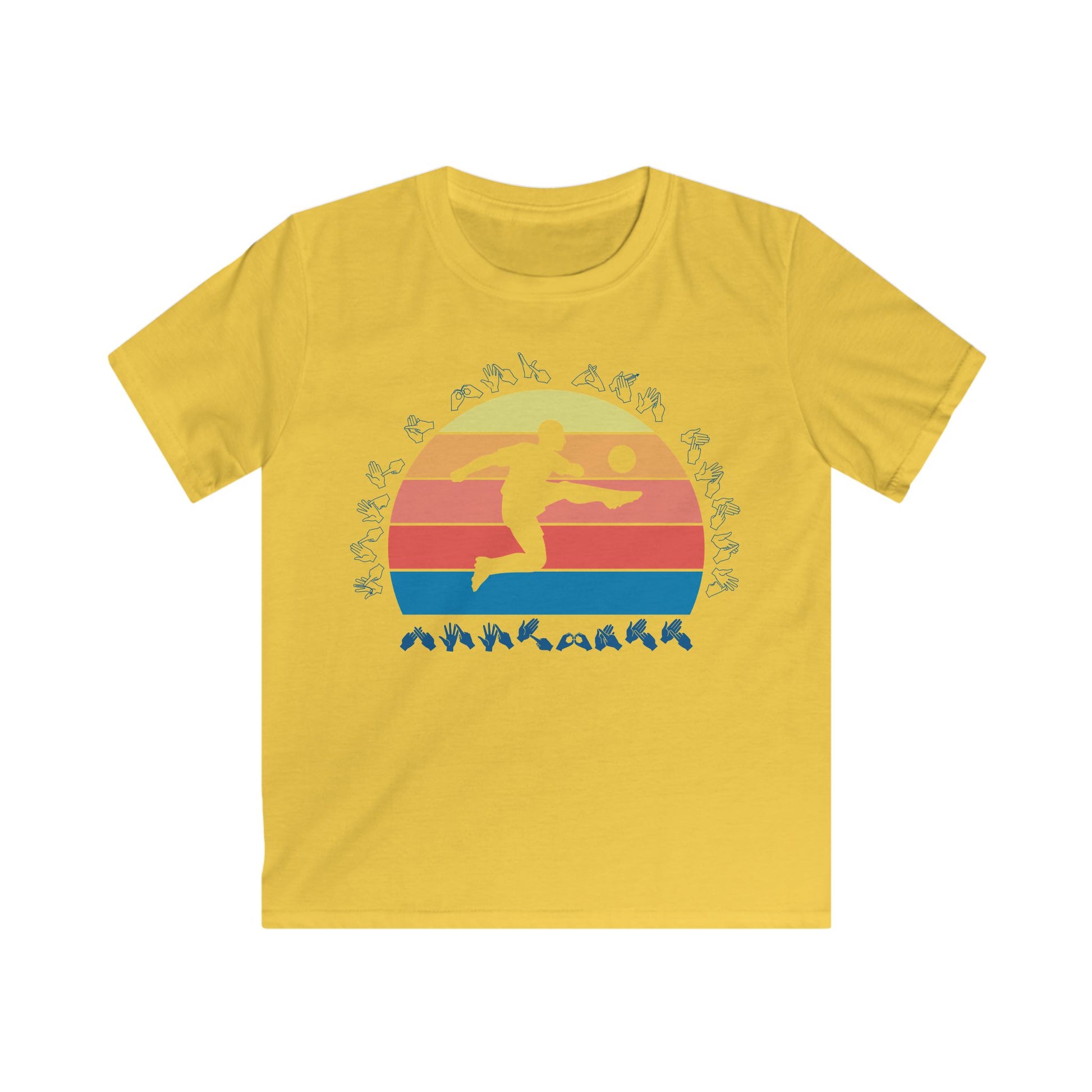 Daisy t-shirt with the phrase "Just a Boy Who Loves Football" in BSL Fingerspelling featuring a colourful retro sunset and a silhouette of a boy kicking a football.