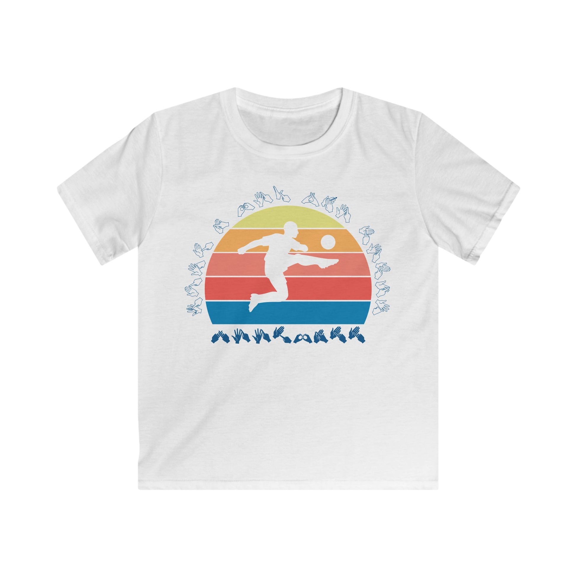 White t-shirt with the phrase "Just a Boy Who Loves Football" in BSL Fingerspelling featuring a colourful retro sunset and a silhouette of a boy kicking a football.