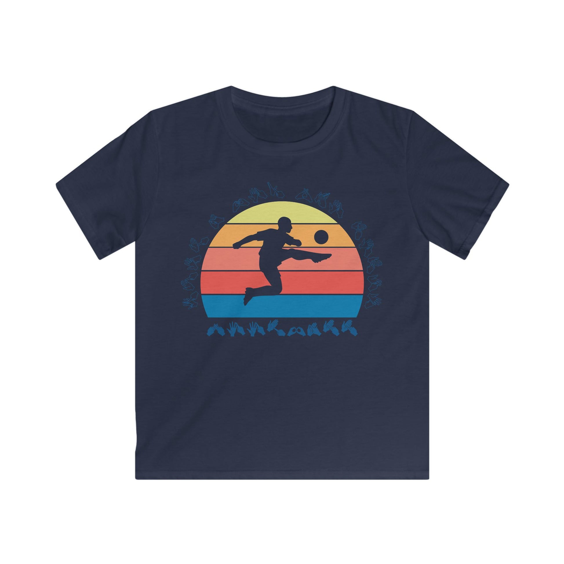 Navy t-shirt with the phrase "Just a Boy Who Loves Football" in BSL Fingerspelling featuring a colourful retro sunset and a silhouette of a boy kicking a football.