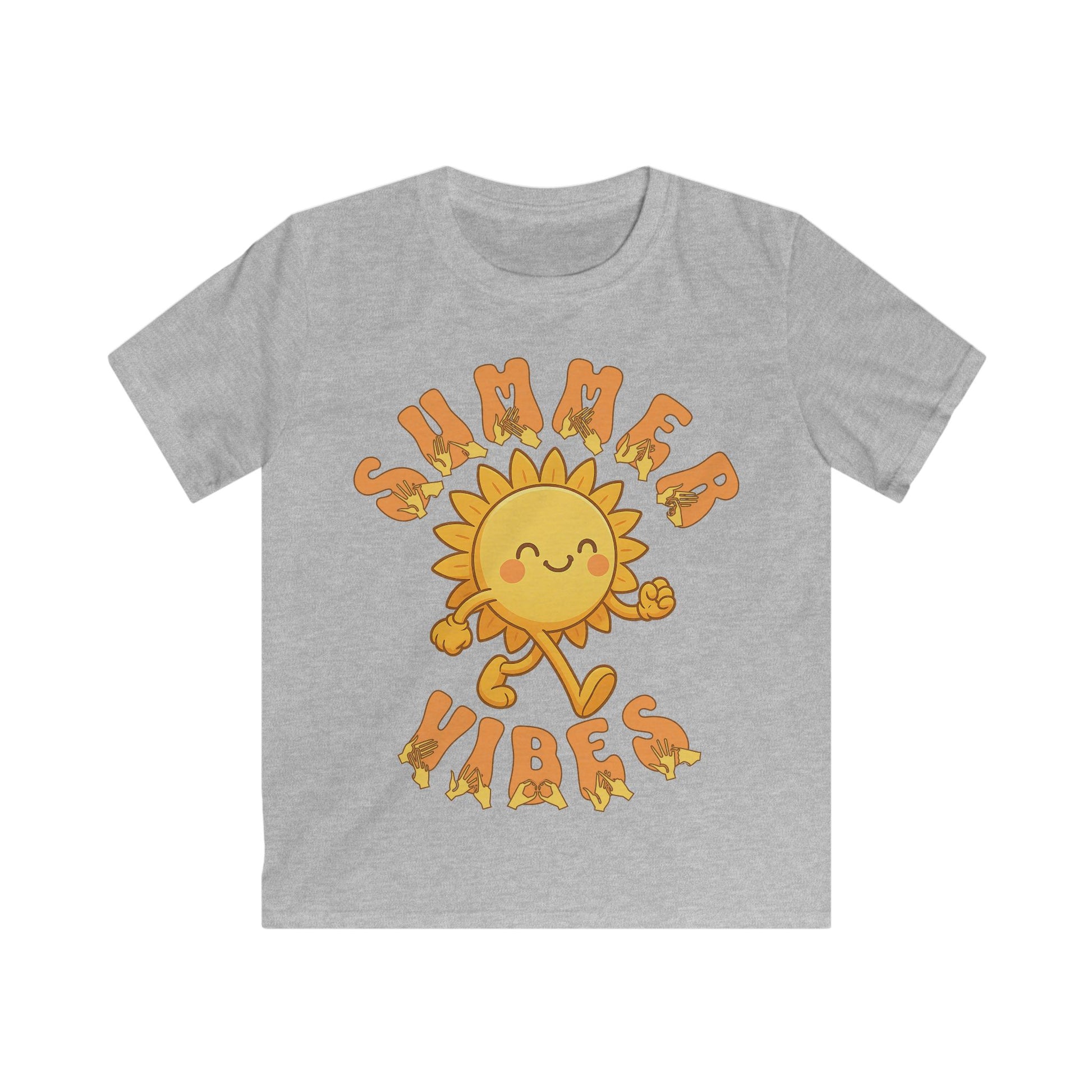 Sport grey kids’ t-shirt with a smiling cartoon sunshine and the phrase “summer vibes” in bold textured font, each letter showing British Sign Language fingerspelling underneath.