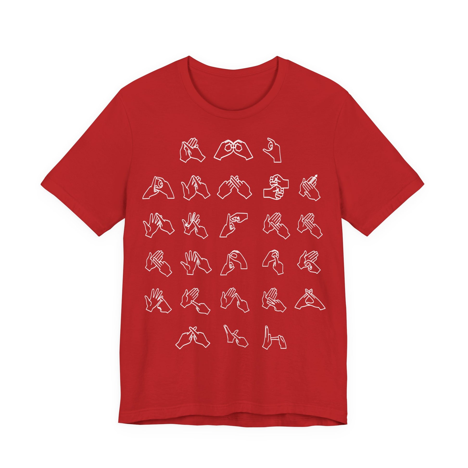 Front view of a red t-shirt with BSL Alphabet - White Fingerspelling