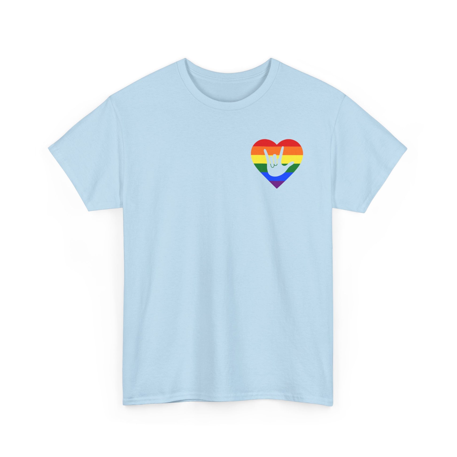 Front view of a light blue T-Shirt showing a pride coloured heart and the iconic ASL I Love You sign embedded in it on the left side of the chest